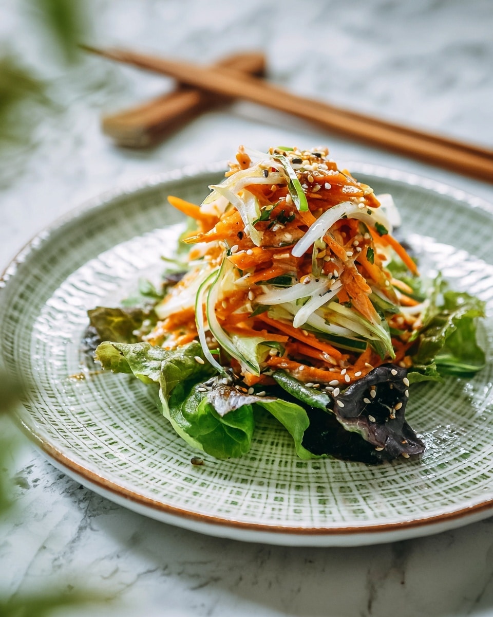 A small mound of creamy crab stick salad with thin strips of white and red crab sticks, pale orange carrot sticks, and green cucumber sticks piled in the center of a white plate with blue dotted pattern around the edge, resting on a bed of green lettuce leaves, sprinkled with small golden sesame seeds on top, the plate placed on a white marbled surface with a pair of light wooden chopsticks blurred in the background photo taken with an iphone --ar 4:5 --v 7