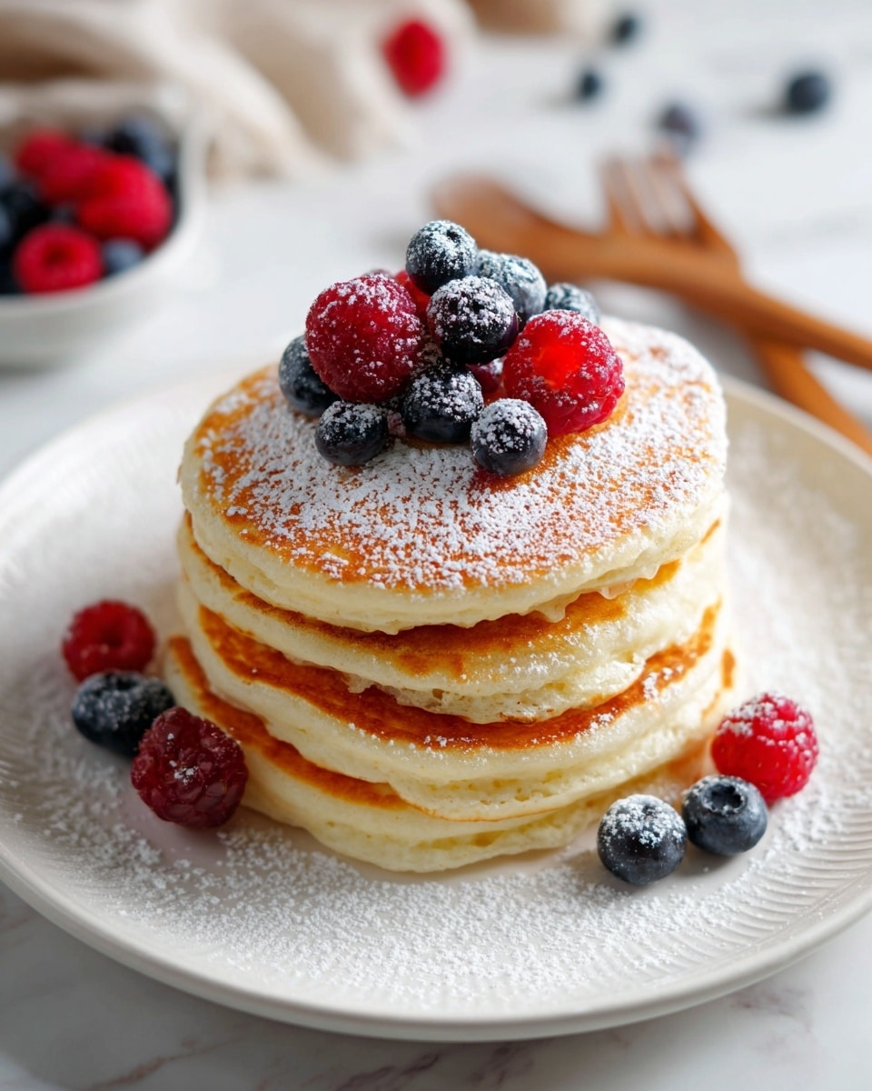 A stack of four thick, fluffy pancakes sits on a white plate, each layer showing a golden-brown surface with soft, light textures. The top pancake is dusted lightly with powdered sugar and decorated with a small cluster of fresh blueberries and bright red raspberries. Additional blueberries and raspberries are scattered around the base of the pancake stack on the plate. The setting includes a white marbled texture surface with subtle background elements blurred out. Photo taken with an iphone --ar 4:5 --v 7