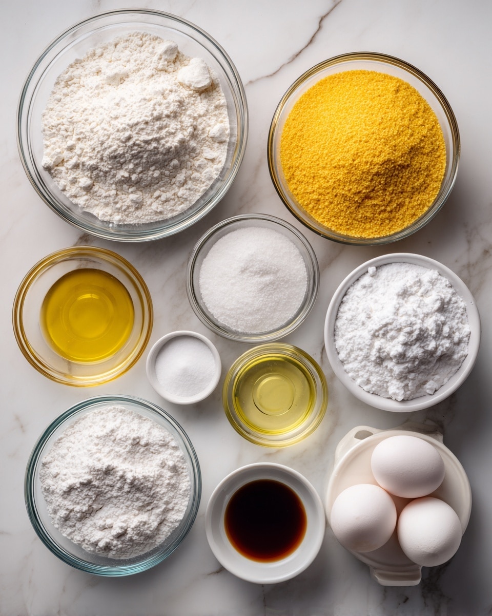 The image shows several clear glass bowls with different ingredients arranged on a white marbled surface. From left to right and top to bottom: a large bowl with white flour, a large bowl with bright yellow cornmeal, a small bowl with white powder, a small bowl with salt, a small bowl with white solid fat, a medium bowl filled with white granulated sugar, a small bowl with white powder baking soda, a medium bowl with light yellow oil, a small bowl with dark brown liquid, and part of a white egg holder with two white eggs on the right side. The bowls vary in size, and the textures range from fine powders to liquids and solid fat, all spread neatly and clearly visible. photo taken with an iphone --ar 4:5 --v 7