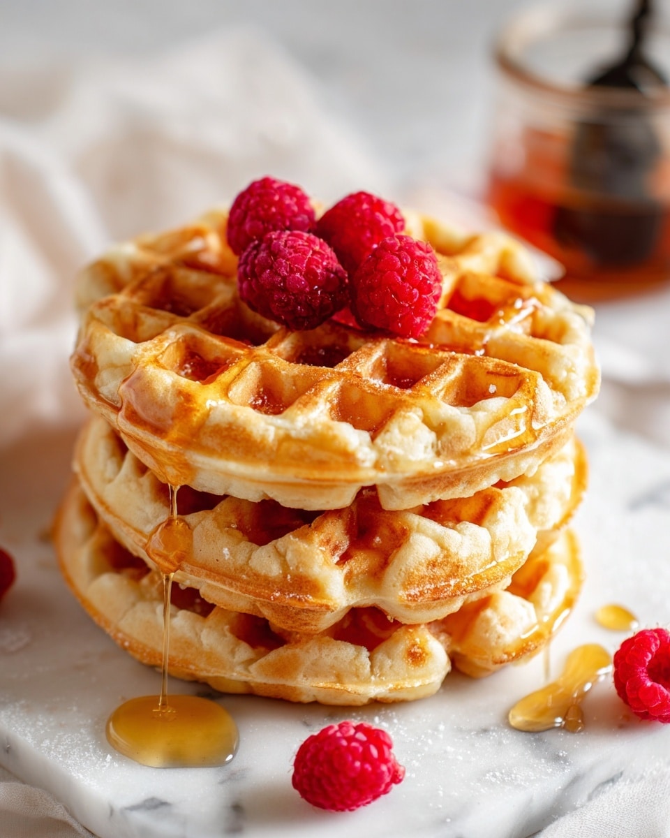 A stack of golden-yellow waffles with a soft texture is placed on a white plate on a white marbled surface. The top waffle is topped with three bright red raspberries, and there is golden syrup slowly dripping and pooling around the waffles. In the blurry background, there is a glass of dark syrup and a black kettle. Photo taken with an iphone --ar 4:5 --v 7