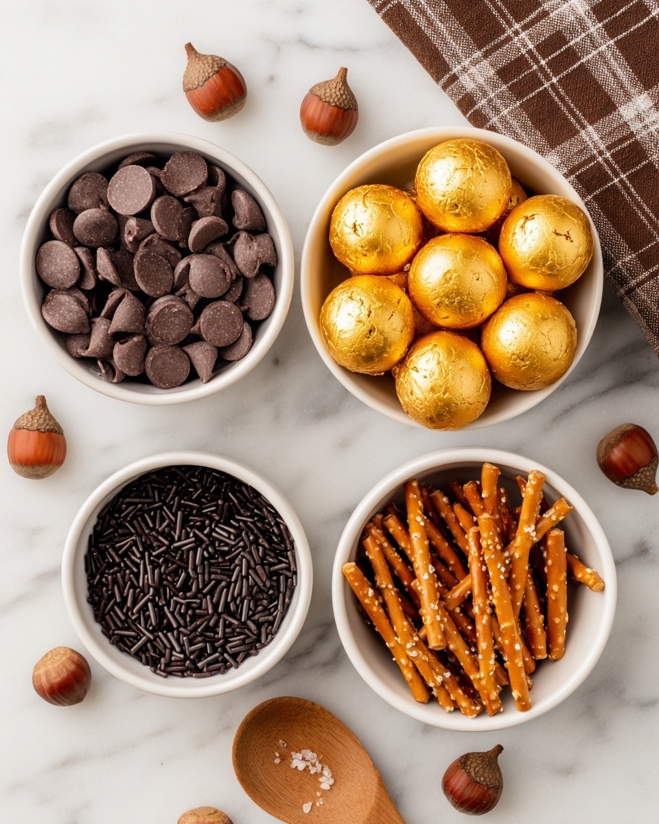 The image shows four small white bowls arranged close together on a white marbled surface, with a brown checkered cloth on the top right corner. The top right bowl contains six round, golden-orange balls with a slightly shiny texture. The top left bowl holds many dark brown chocolate chips, smooth and flat on top. Below it, a bowl full of tiny black cylindrical sprinkles is shown with a matte texture. The bottom right bowl has light brown pretzel sticks with a slightly rough surface and some salt grains visible. Around the bowls, small smooth acorns with brown caps and reddish-brown bodies are scattered as decoration, and a wooden spoon is placed diagonally from the bottom left corner. Photo taken with an iphone --ar 4:5 --v 7