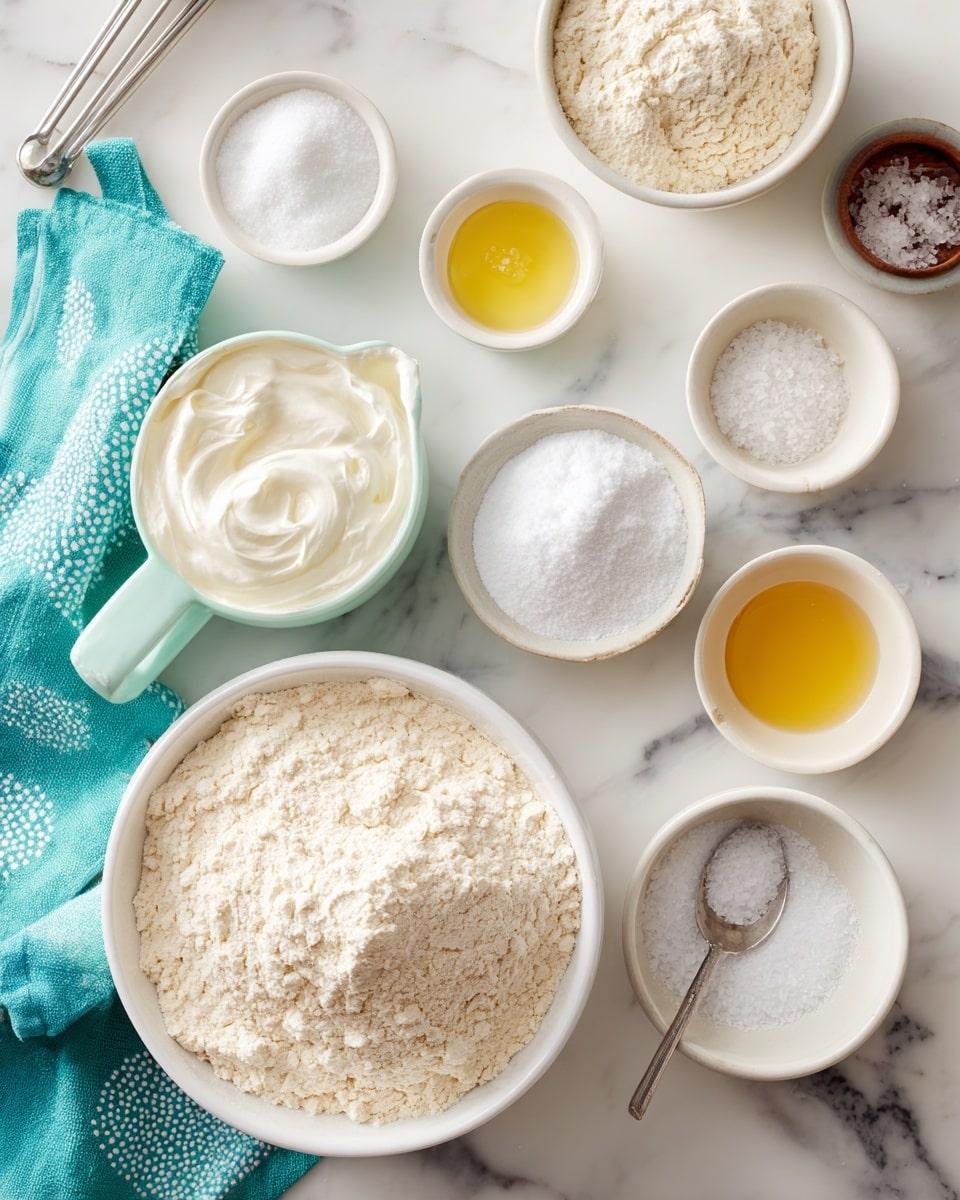 The image shows several white bowls and a white measuring cup on a white marbled surface, each filled with different baking ingredients. There is a large white bowl at the bottom filled with light beige flour, and near the top left, a white measuring cup with a pale green handle filled with thick white yogurt. Other small white bowls hold a yellow liquid (melted butter), white granulated sugar, salt, and vanilla extract, with a small brown bowl holding coarse salt. A turquoise cloth with white dot patterns is folded on the left, and a silver metal tool is partially visible near the top. The overall scene has a bright, clean look with soft natural lighting. photo taken with an iphone --ar 4:5 --v 7