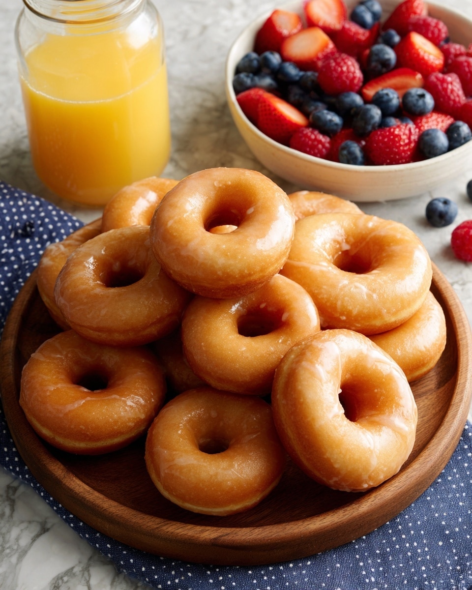 A wooden board holds a stack of glazed donuts and donut holes. The donuts are round with smooth golden brown textures and a shiny light glaze dripping softly. The donut holes are small, round, and also have a shiny sweet glaze. The board sits on a light blue cloth with white dotted patterns. On the white marbled surface nearby, there is a white bowl filled with bright red strawberries, dark blue blueberries, and red raspberries, and next to it, a clear glass bottle filled with orange juice. The colors are bright and warm, with a fresh and soft look. photo taken with an iphone --ar 4:5 --v 7