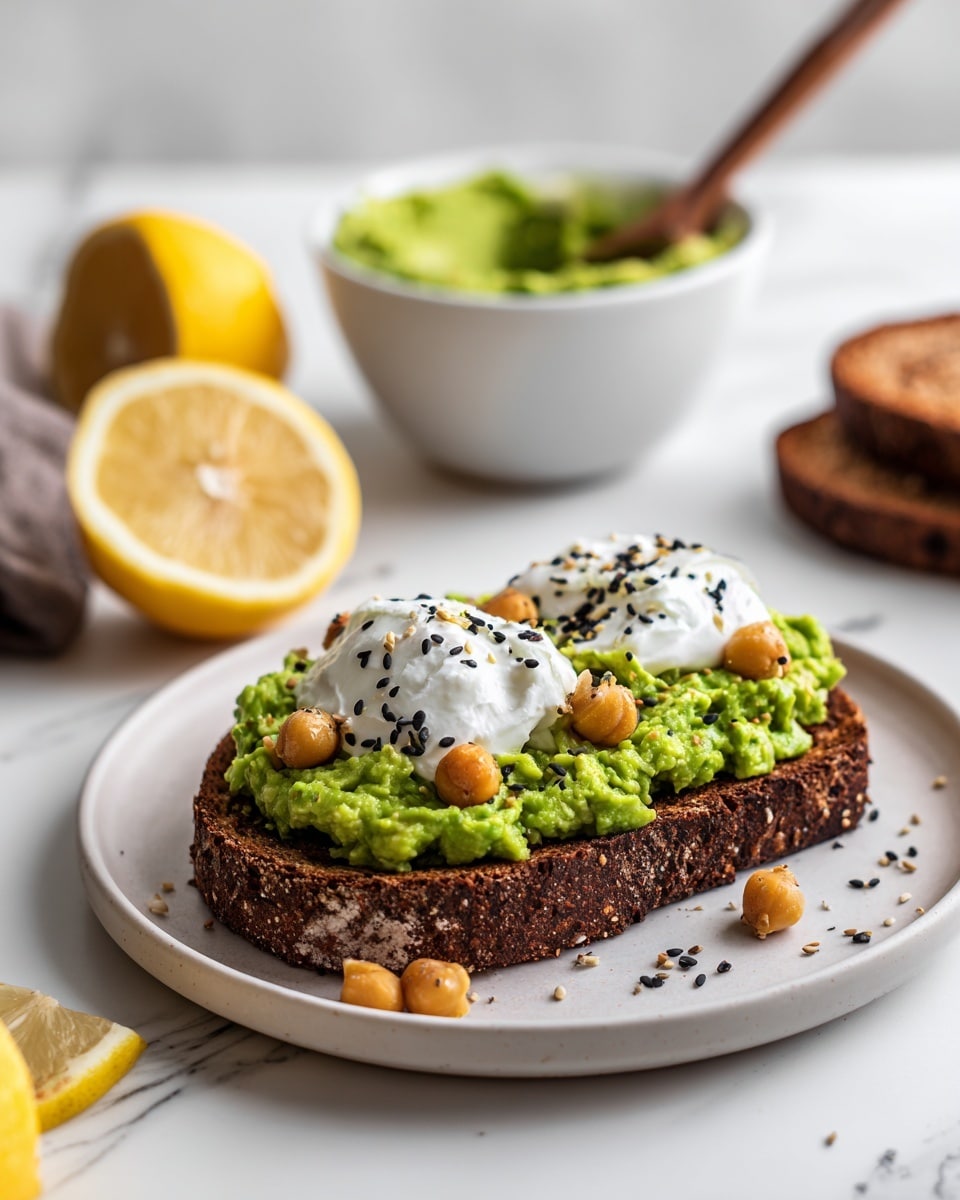 A single slice of dark brown toasted bread sits in the center of a clean white plate. On top is a thick layer of mashed green avocado mixed with lighter beige chickpeas, giving a chunky texture. Two dollops of smooth white cream rest on the middle of the avocado layer. Small black sesame seeds are sprinkled over the cream and avocado, with some falling onto the plate. In the background, there is a white bowl with more smashed avocado, and a halved lemon showing its bright yellow inside sits nearby on a white marbled surface. Another slice of bread is partially visible at the upper right. The whole scene is softly lit. photo taken with an iphone --ar 4:5 --v 7
