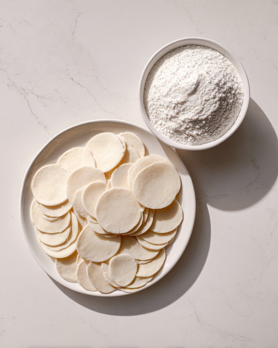 The image shows a white plate filled with many round, light beige dough discs, evenly spread and slightly overlapping each other. Next to this plate, there is a white bowl filled with white powder, likely flour or sugar. Both the plate and bowl are placed on a surface with a white marbled texture. The scene has a soft, natural light that highlights the smooth texture of the dough and powder. photo taken with an iphone --ar 4:5 --v 7