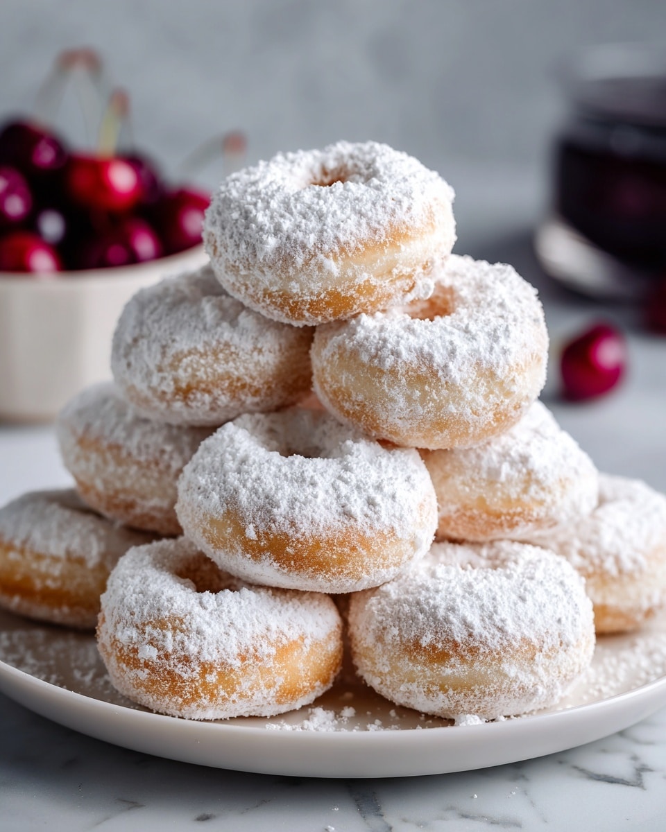 A white plate holds a stack of small ring-shaped donuts covered thickly in white powdered sugar. The donuts appear soft with a slightly rough texture under the powder, and they are piled unevenly with some leaning on others. The background shows a white marbled surface, and a blue and white striped cloth is partially visible at the bottom right corner. In the background, there is a blurred white dish and a dark bottle. The image is bright and clear, with a close-up view focusing on the donuts photo taken with an iphone --ar 4:5 --v 7