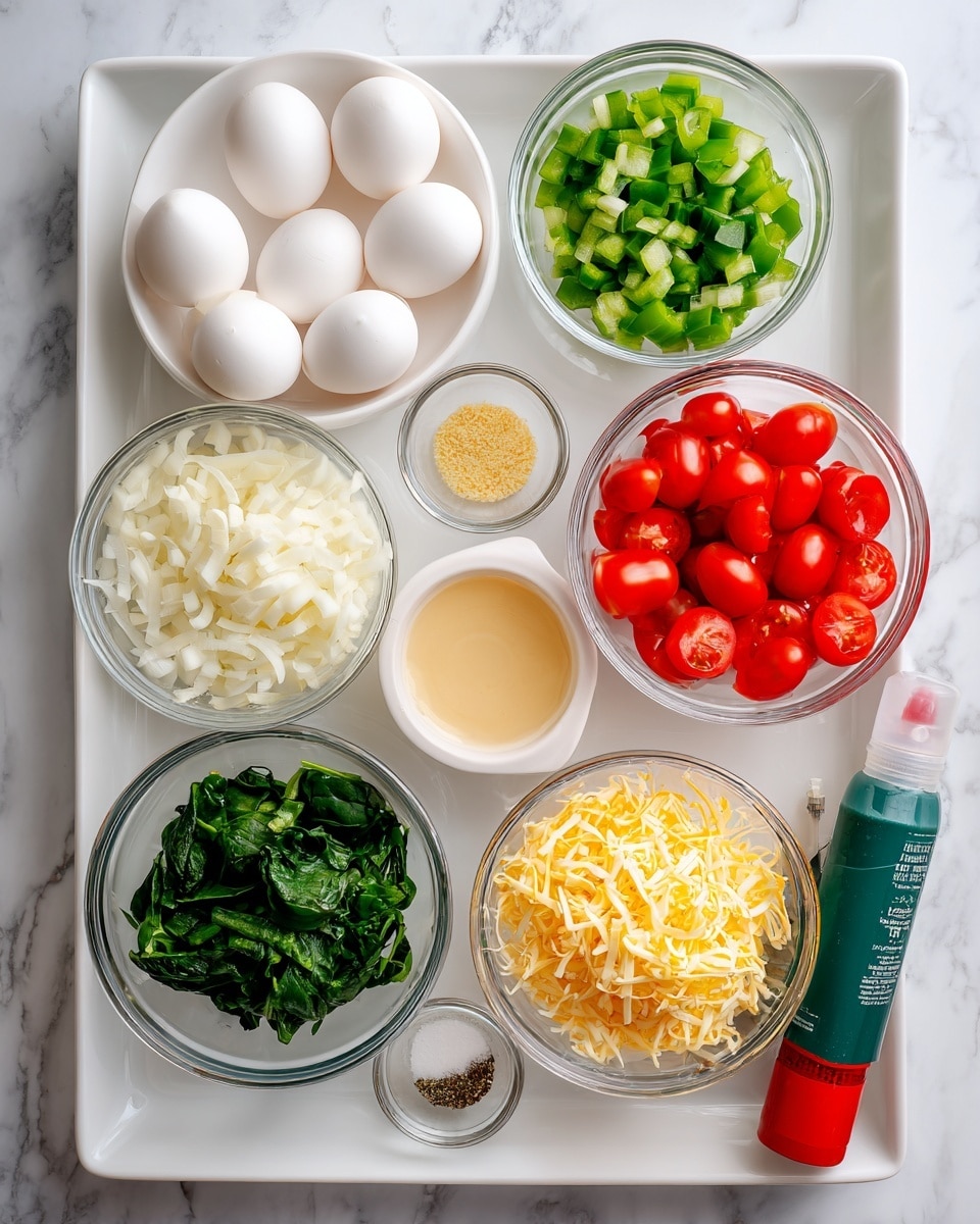 A white rectangular tray holds six white eggs in the top left of the image. Around it, clear glass bowls contain various ingredients: diced green bell peppers, chopped white onions, shredded cheese in two bowls, halved cherry tomatoes, and fresh chopped spinach. A small bowl with a beige liquid is centered near the bottom, surrounded by small amounts of seasoning in a few other clear bowls. A green can with a red cap of olive oil cooking spray lies on the right side on a white marbled surface. Photo taken with an iphone --ar 4:5 --v 7