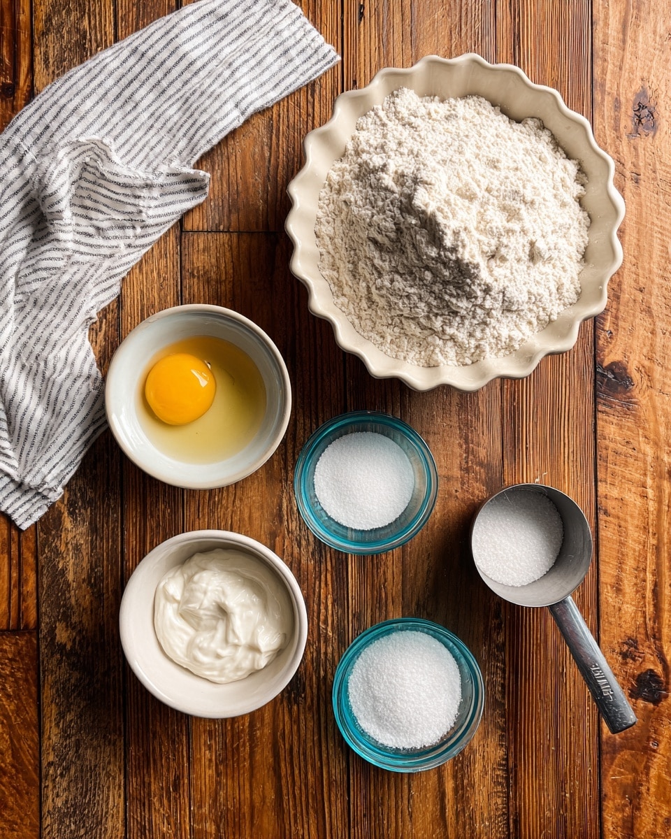 The image shows six small containers with different baking ingredients arranged on a wooden surface. On the top right, there is a white bowl with a scalloped edge filled with light beige flour. Below it, there are two small blue glass bowls; one with white sugar and one with fine white salt. To the left of these, there is a small white bowl holding a cracked raw egg yolk with the clear egg white around it. Next to the egg, there's a metal measuring cup filled with white thick cream or yogurt. A striped white and gray cloth is partly visible on the left side of the image. The wooden surface has a warm and natural tone with visible grain and lines. photo taken with an iphone --ar 4:5 --v 7