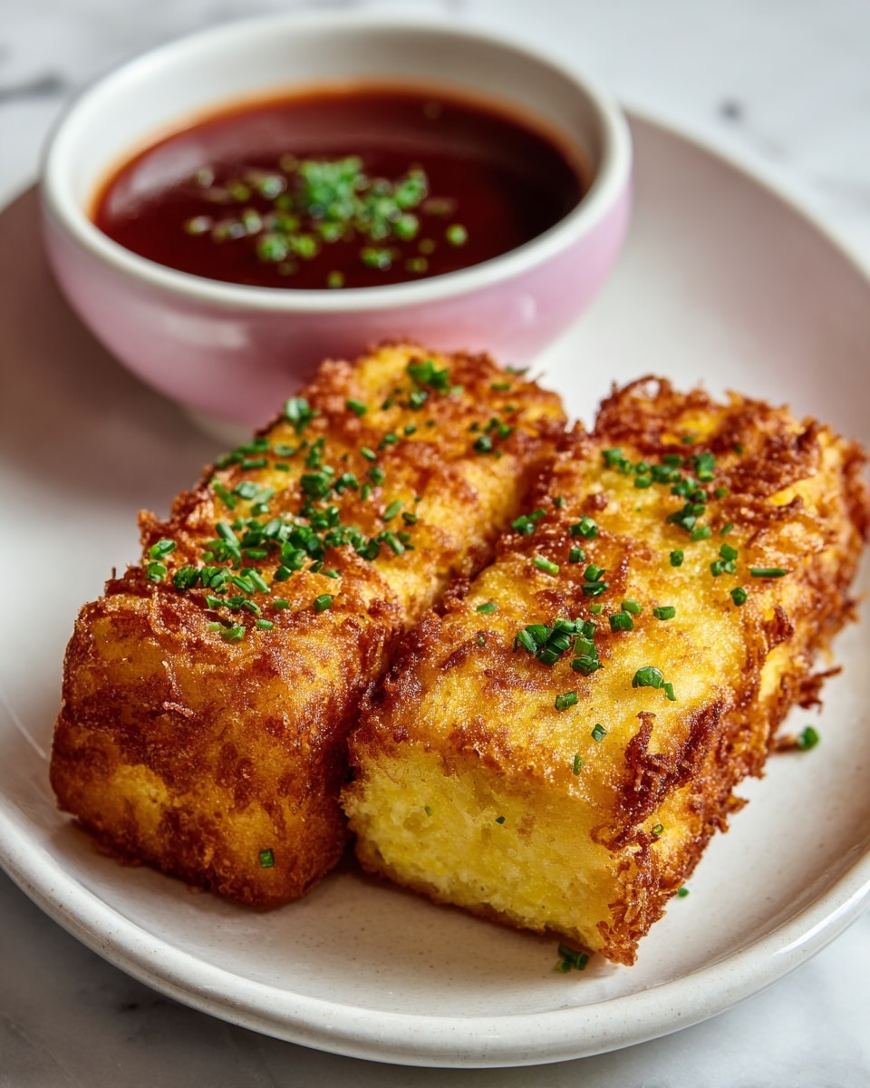 Two thick, golden-brown crispy slices of food, each with a rough, crunchy outer layer and a soft, pale yellow inside, are placed side by side on a white plate. Bright green chopped herbs are sprinkled over the top and around the plate, adding a fresh color contrast. In the blurred background, there is a white bowl filled with a smooth, rich red sauce, garnished with more green herbs. The entire scene is set on a white marbled surface. photo taken with an iphone --ar 4:5 --v 7