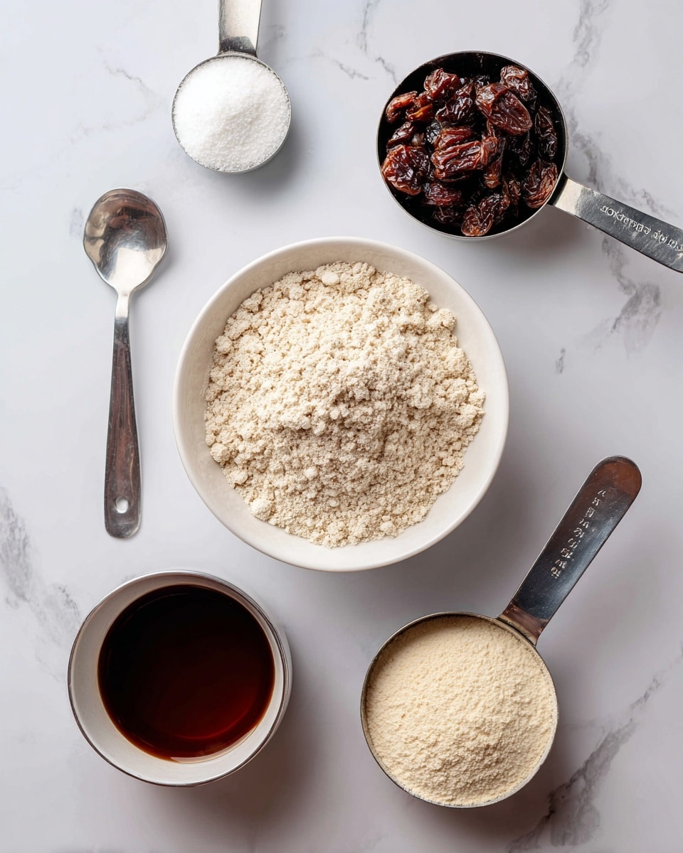 A white bowl filled with a light beige powdery mix, slightly textured with small pieces visible, sits in the center on a white marbled surface. Above and to the left is a metal measuring spoon holding a small amount of white granulated powder. Above and to the right is a metal measuring cup filled with dark brown dried fruit pieces. Below and to the left is a metal measuring cup filled with a dark brown liquid. In the middle below the bowl is a metal measuring cup filled with white creamy liquid. Below and to the right is a metal measuring cup filled with a pale beige powder. All items are placed neatly on the smooth white marbled surface. photo taken with an iphone --ar 4:5 --v 7