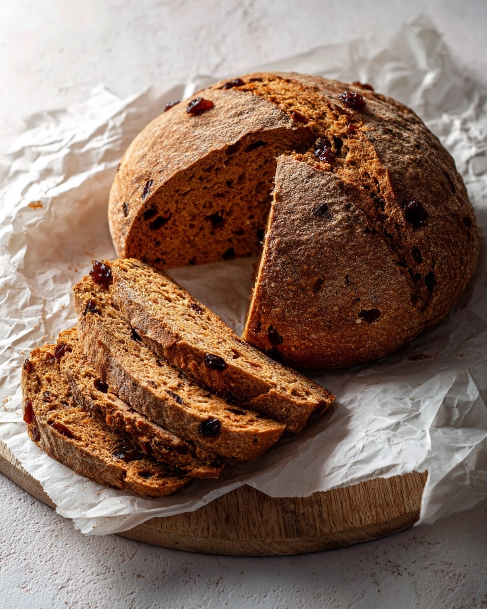 A whole round loaf of brown bread with a rough, textured crust sprinkled lightly with grains and some dark raisins visible on the surface, partially sliced into four uneven pieces resting on white crumpled parchment paper. The bread’s inside is slightly dense with a coarse texture and scattered raisins throughout. The parchment paper and bread sit on a round wooden board, placed over a white marbled surface. photo taken with an iphone --ar 4:5 --v 7