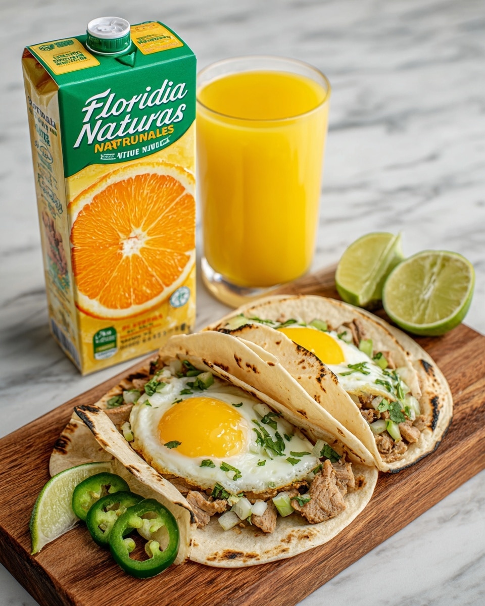 The image shows a tall carton of Florida's Natural orange juice with a green top and a big orange slice on the front, standing behind two tacos on a wooden board. Each taco has two layers: a white corn tortilla with spots of charring on the edges, topped with a fried egg with a bright yellow yolk in the center. On top of the egg are pieces of light brown cooked meat, green sliced jalapeños, and chopped vegetables including white onions and green herbs. There are also two lime wedges placed near the tacos on the board. The background is a white marbled texture. Photo taken with an iphone --ar 4:5 --v 7