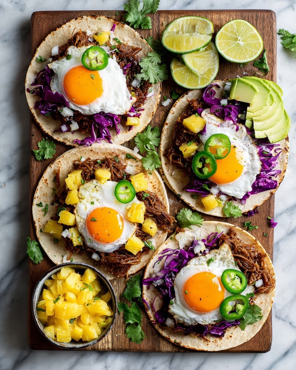 A wooden board holds four white tortillas, each layered with a crispy fried egg with bright yellow yolk, a spread of crumbly, golden-brown cooked meat, slices of pale green avocado, and small cubed yellow pineapple pieces. On top, there are thin strips of purple cabbage and slices of green jalapeño pepper, with some white crumbled cheese scattered across. Halved and quartered green limes are placed around the board for garnish. The scene is set on a white marbled surface with a woman's hand reaching toward the board, and there is a small bowl with pineapple pieces and herbs in the bottom left corner. photo taken with an iphone --ar 4:5 --v 7