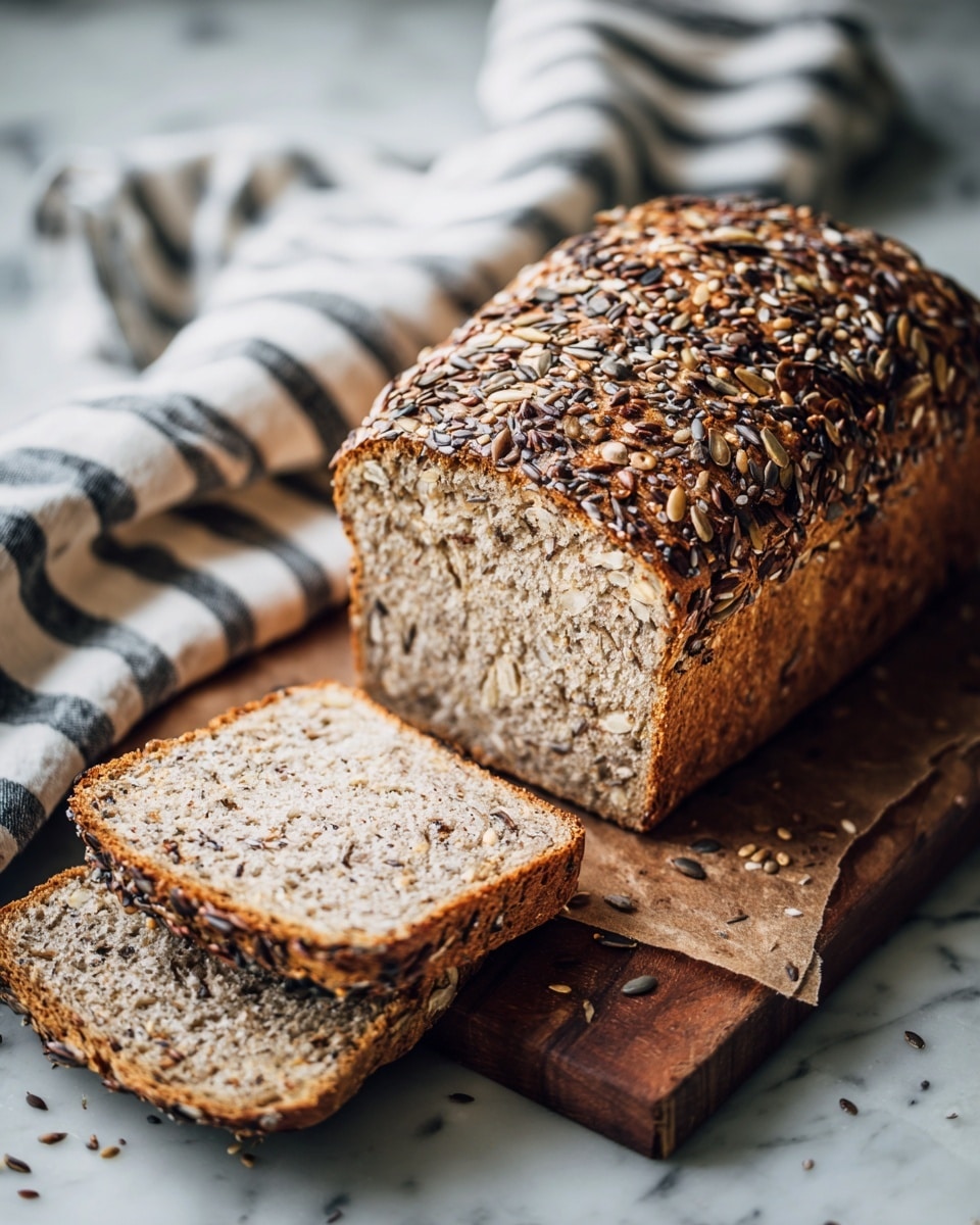 The image shows a brown loaf of bread covered on top with a mix of seeds like sunflower, pumpkin, and flax seeds, giving a crunchy texture. The loaf is sliced, with two thick pieces lying in front, showing the soft, light brown inside. The bread sits on a wooden board placed on a white marbled surface, and a white cloth with dark stripes is blurred in the background. The bread looks fresh with a slightly rough crust and a dense, moist inside. photo taken with an iphone --ar 4:5 --v 7