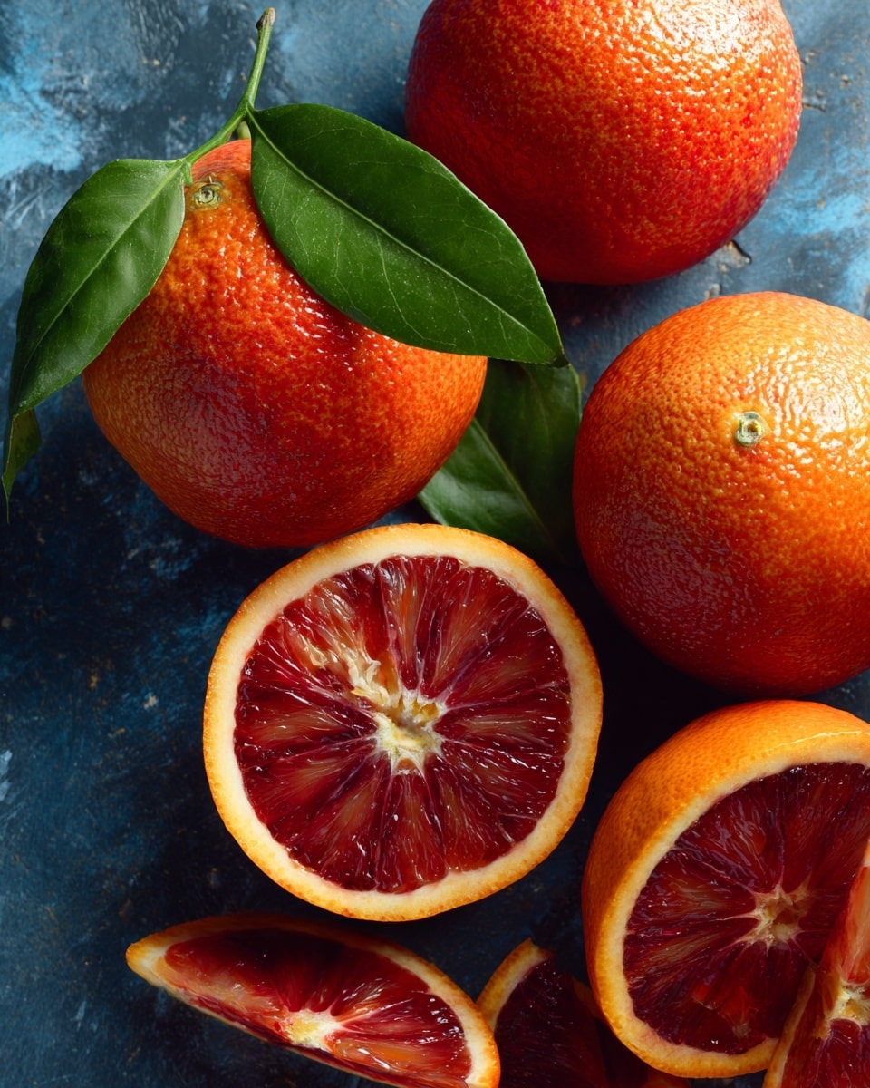 The image shows several whole blood oranges and one half blood orange with bright red and orange flesh in the center. The blood orange half is placed on a dark surface, surrounded by whole blood oranges with smooth orange skin that has red patches. One whole blood orange has a green leaf attached, adding a fresh touch. The background is a blue textured surface that contrasts with the oranges' vivid colors. Photo taken with an iphone --ar 4:5 --v 7