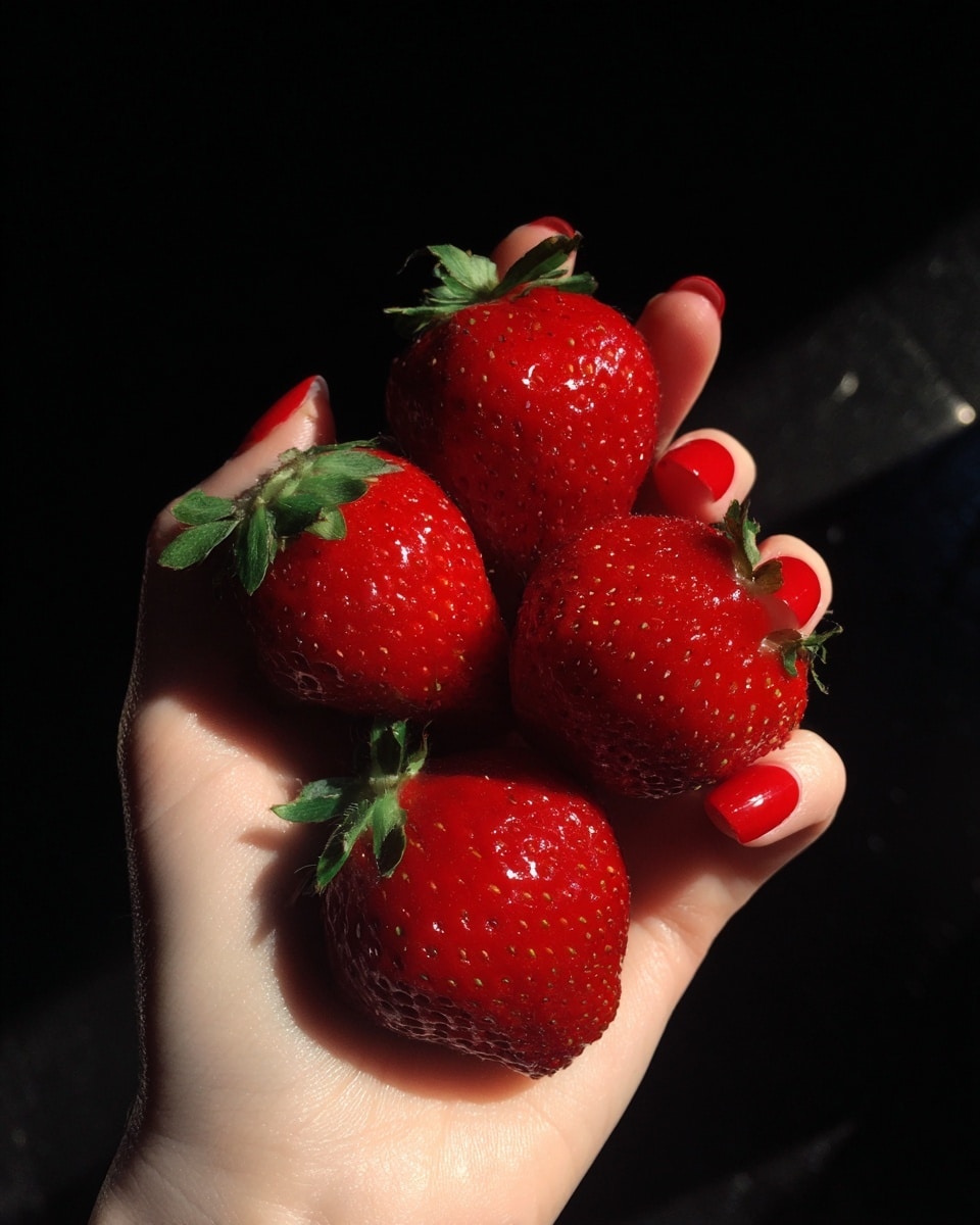 A close-up image showing a woman's hand holding five bright red strawberries with green leaves, the strawberries appearing fresh and shiny with small seeds visible on their surface, the background is dark which makes the vibrant red of the strawberries stand out. photo taken with an iphone --ar 4:5 --v 7