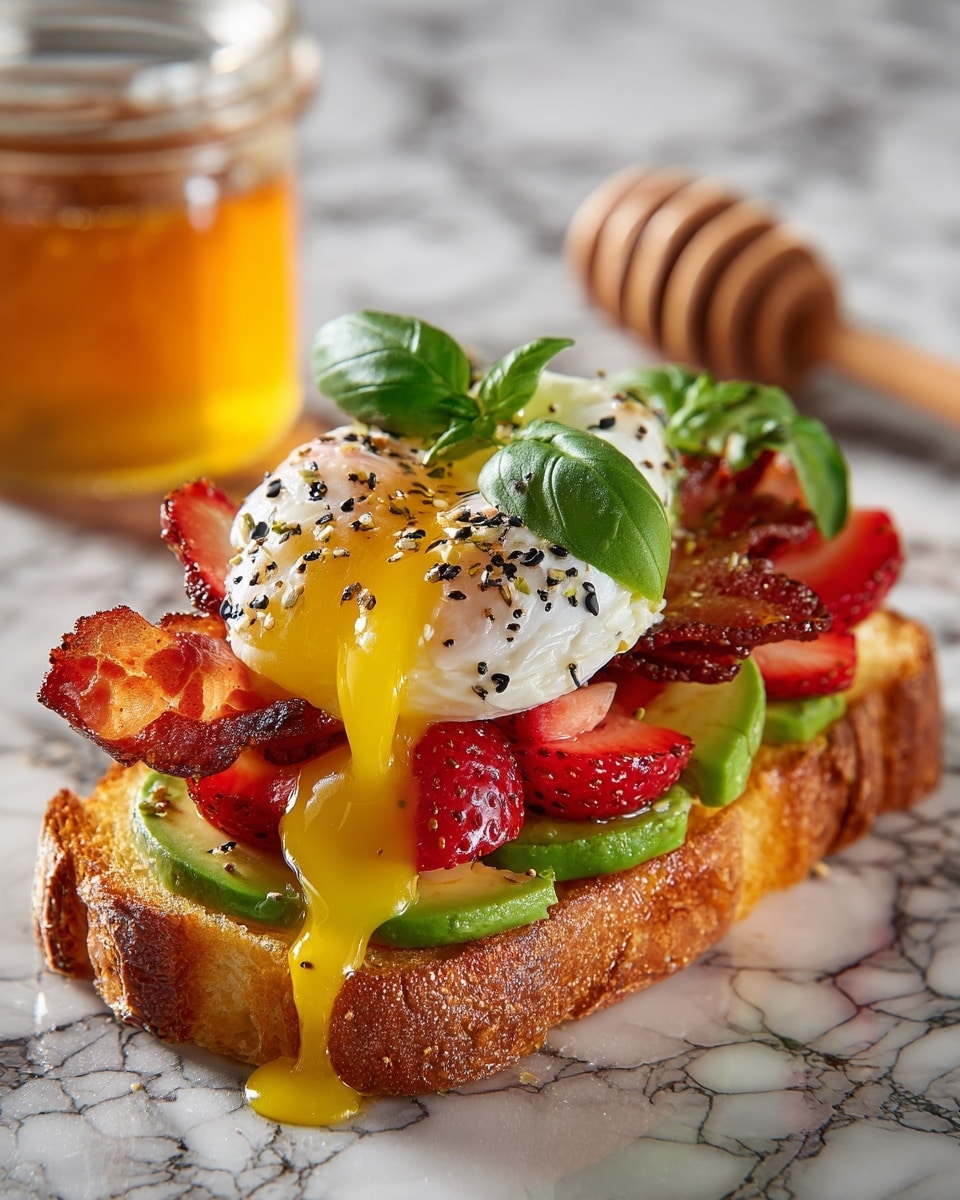 A croissant sandwich is open with four layers visible; the bottom layer is a flaky, golden-brown croissant with a crispy texture. On top of this is a layer of sliced green avocado with smooth, creamy texture. Above the avocado, there are several bright red slices of fresh strawberries, adding a juicy, vibrant touch. Next is crispy bacon with a reddish-brown color, and finally, a white poached egg sits on top, slightly broken, with rich yellow yolk oozing down the layers, sprinkled with black sesame seeds and fresh green basil leaves as garnish. The sandwich rests on a white marbled surface, with a blurred honey jar in the background and honey dripping from the croissant edges. photo taken with an iphone --ar 4:5 --v 7