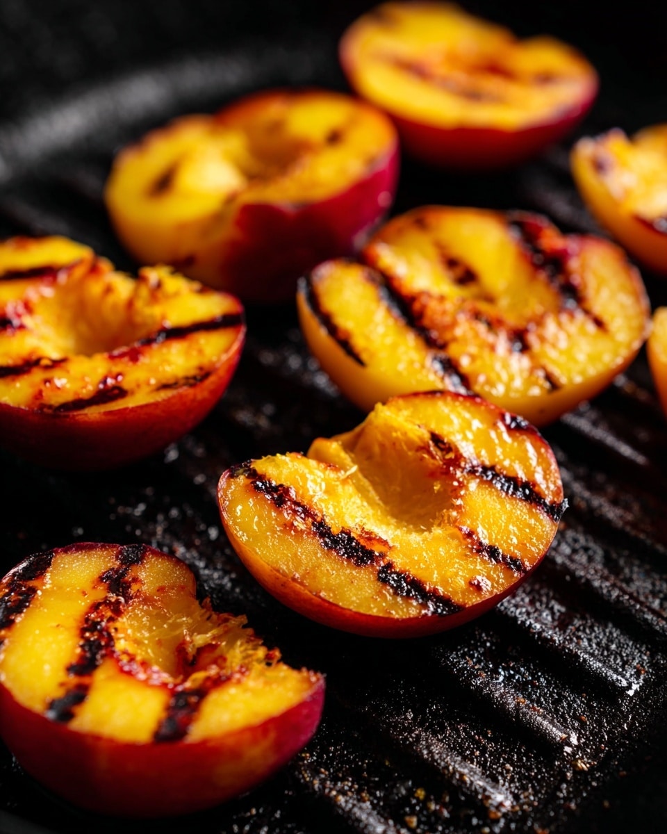 Several peach slices are placed on a black grill pan with clear dark grill marks running diagonally across each slice. The peaches show a contrast of bright orange-yellow flesh and reddish skin, with some slices slightly more charred than others. The grill pan has a rough textured surface and visible ridges that create the grill lines, and the lighting highlights the juicy texture of the peach flesh. The scene is close-up and focused on the sliced grilled peaches. photo taken with an iphone --ar 4:5 --v 7