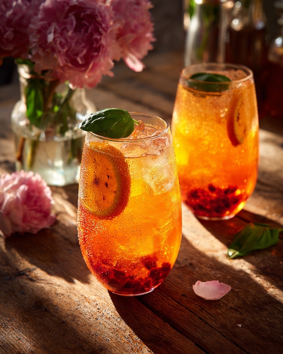 Two clear short glasses filled with a bright orange drink sit on a wooden table with sunlight casting strong shadows. Each glass has visible ice cubes inside, with a layer of darker orange pieces at the bottom. One glass is topped with a fresh green basil leaf, while the other has a small slice of grilled orange floating on top. Around the glasses, there are fresh basil leaves scattered on the table. Behind the glasses, there is a clear glass vase filled with large, soft peach-colored flowers and some small green sprigs. Photo taken with an iphone --ar 4:5 --v 7