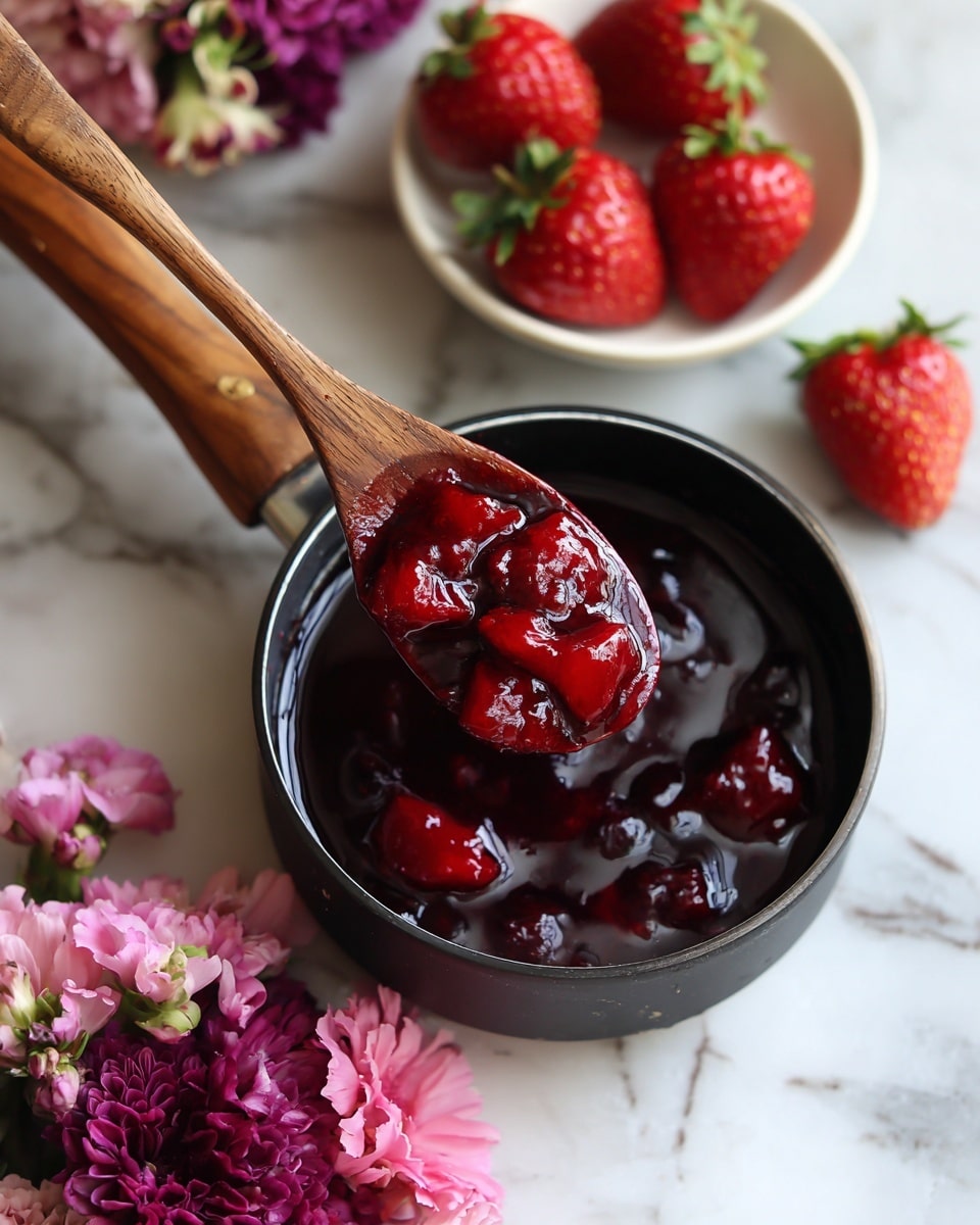 A small black saucepan with a smooth wooden handle sits on a white marbled surface, filled with a dark red liquid. A wooden spoon lifts some of the liquid, showing thick, chunky pieces of fruit in a bright red syrup. Nearby, three fresh red strawberries with green tops rest on the white marbled background, along with a small white bowl containing two more strawberries. In the bottom left corner, vibrant pink and purple flowers add a splash of color. The scene is lit softly, emphasizing the rich colors and textures of the sauce and fruit photo taken with an iphone --ar 4:5 --v 7