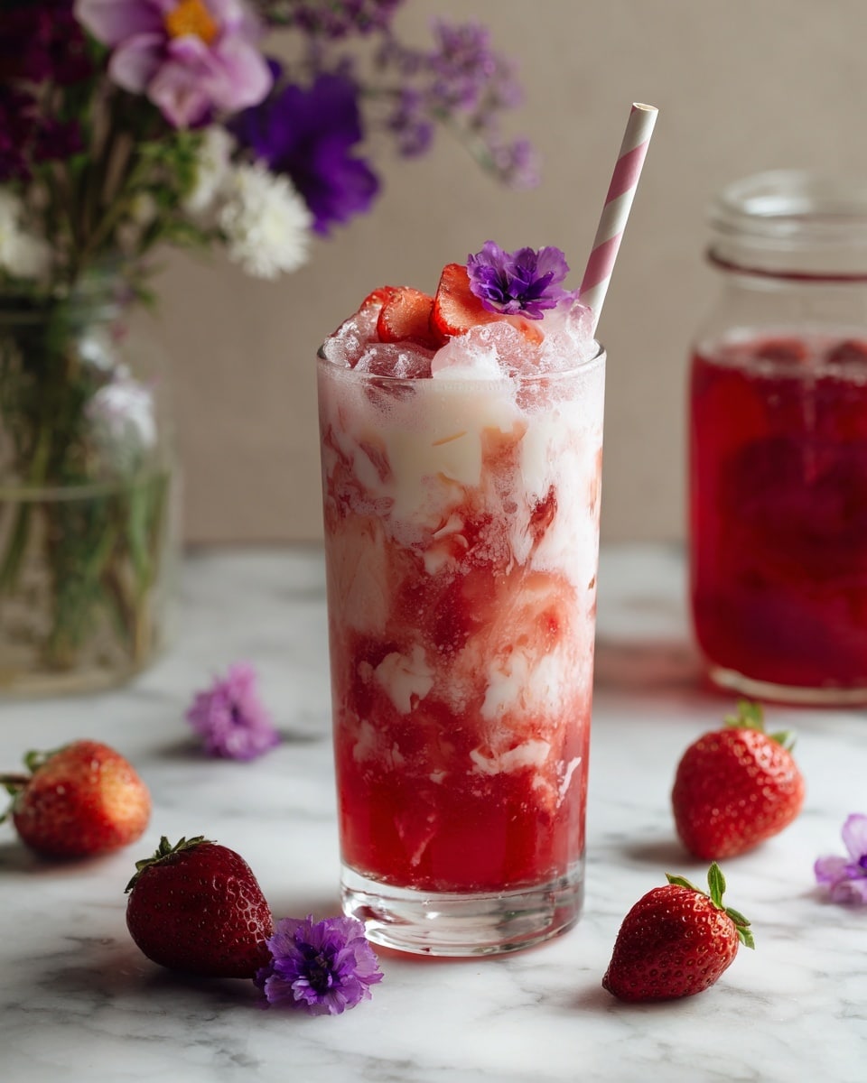 A tall clear glass filled with a strawberry yogurt smoothie showing two main layers: a bottom thick pinkish-red blended strawberry layer with a smooth texture and a top light creamy white yogurt layer with a soft, frothy look mixed with bits of strawberry. On top, there are small red strawberry pieces and a purple edible flower placed near a light pink and white striped paper straw. The glass sits on a white marbled surface with fresh strawberries scattered around and a jar of red strawberry juice in the blurred background. Photo taken with an iphone --ar 4:5 --v 7