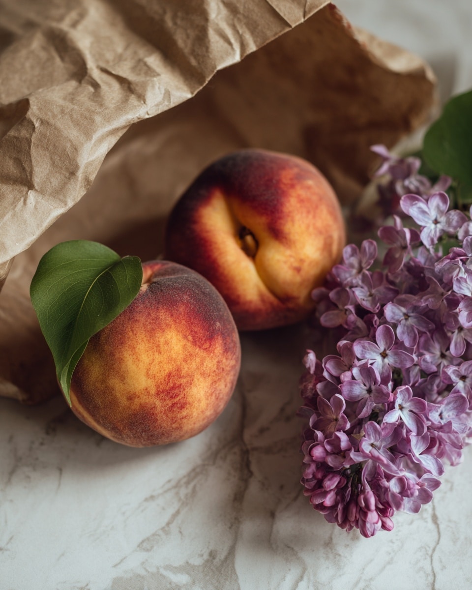 Inside a brown paper bag, there are two peaches with soft, fuzzy skins blending deep red and orange colors. One peach shows a green leaf still attached, curling gently over it. On the right side of the bag, light purple lilac flowers with small delicate petals fill part of the space, adding a soft floral touch. The paper bag rests on a wooden surface, but this detail should be imagined as a white marbled texture instead. Photo taken with an iphone --ar 4:5 --v 7