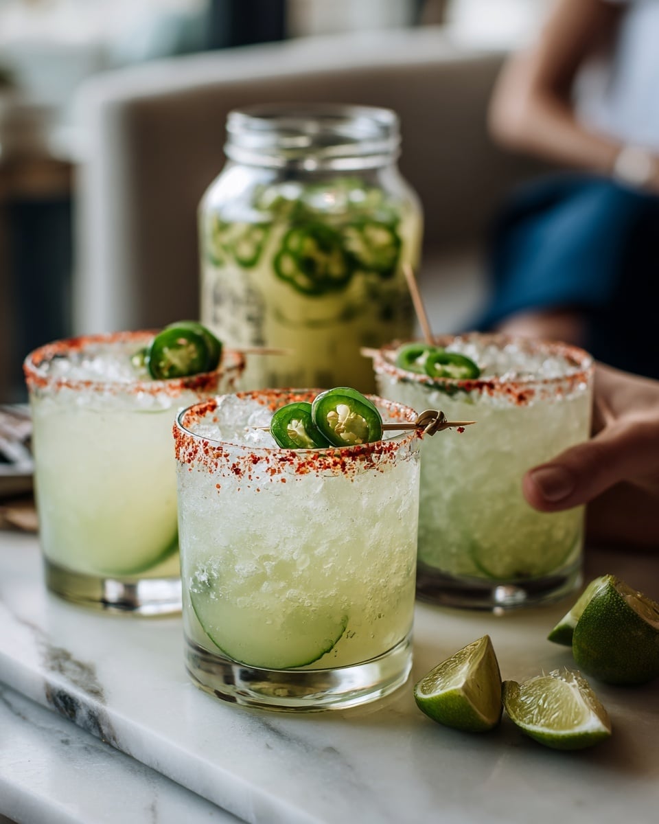 A light green drink is served in three clear glasses with ice, each glass has two small pickles on a metal skewer resting on top. The rims of the glasses have red seasoning. A woman's hand is holding one glass in the middle right of the picture. There is a glass jar filled with small pickles on the left, and a clear pitcher filled with a light yellow drink with cucumber slices floating inside at the back. Two green lime halves are placed on a light green tray with wooden edges, which is on a white marbled surface. A person with tan thighs and a white long-sleeve shirt is sitting to the right. Photo taken with an iphone --ar 4:5 --v 7