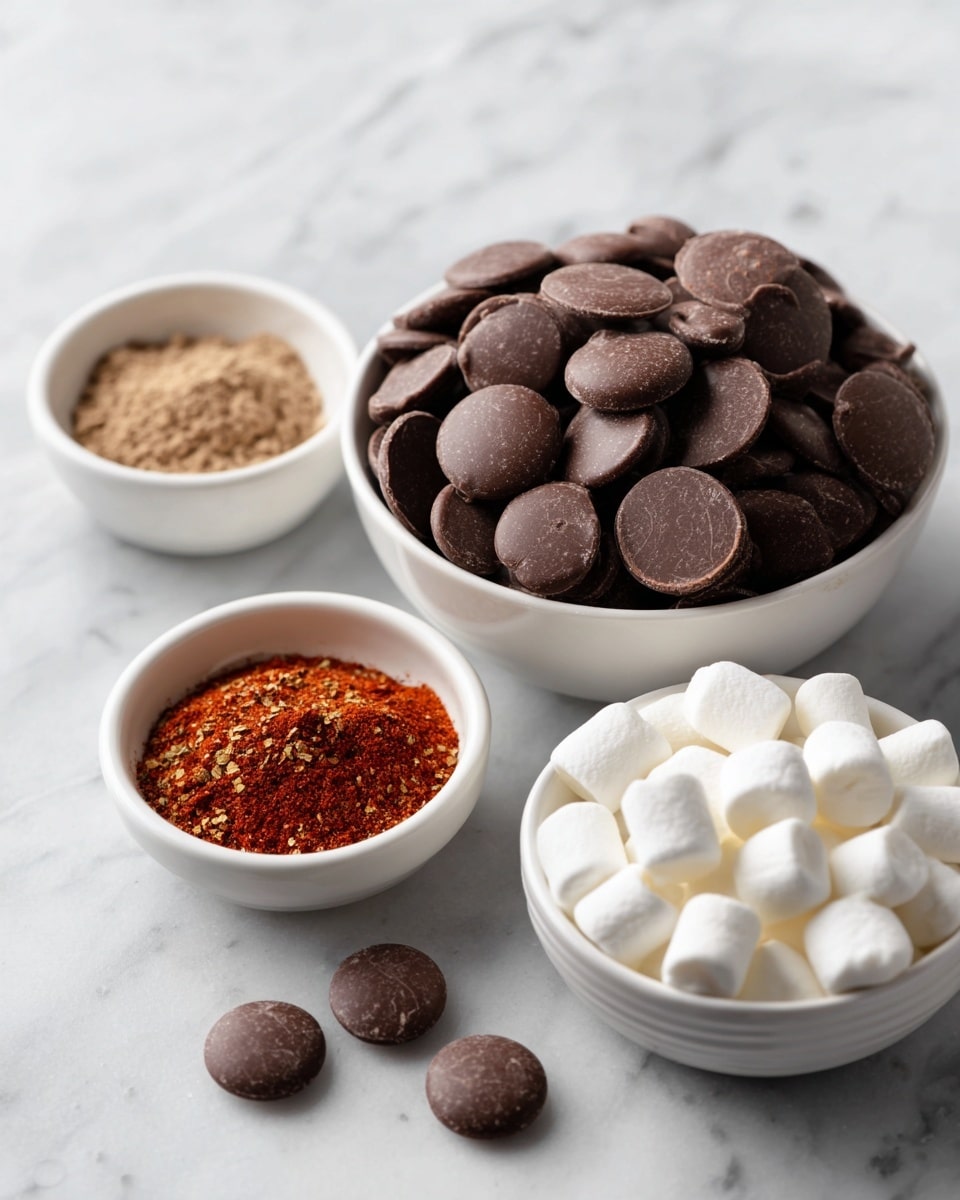 The image shows four white bowls on a white marbled surface. The biggest bowl is filled with many flat, round milk chocolate pieces, dark brown in color, and placed at the back center. To the right is a medium bowl full of small white marshmallows stacked loosely. To the left is another medium bowl with a mix of powdered spices, showing warm brown, red, and beige colors. In front, a small bowl holds a few round milk chocolate pieces. The image is clean and well-lit, with a neutral white and grey background, photo taken with an iphone --ar 4:5 --v 7