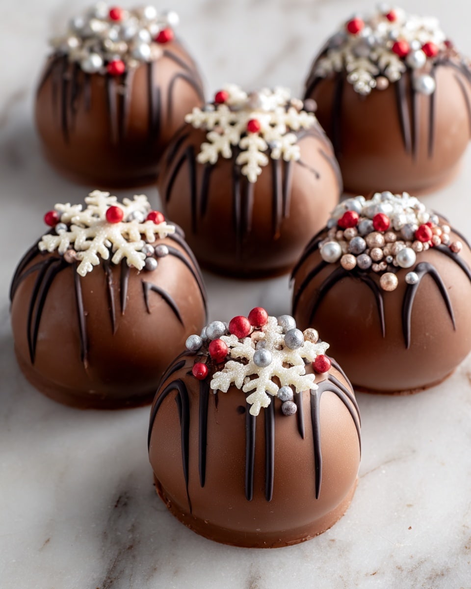 Six round chocolate domes are placed on a white marbled surface. Each dome is smooth and shiny with a rich brown chocolate color. They are decorated on top with thin lines of dark chocolate drizzle that stretch down the sides. On top of each dome, there is a cluster of small, colorful sprinkles including white snowflake shapes, and small shiny balls in red, white, and silver. More dark chocolate drizzle lines run across the surface between and under the domes, with some extra scattered sprinkles around. The setting is bright and clean, showing the glossy texture of the chocolate and detailed decorations. photo taken with an iphone --ar 4:5 --v 7