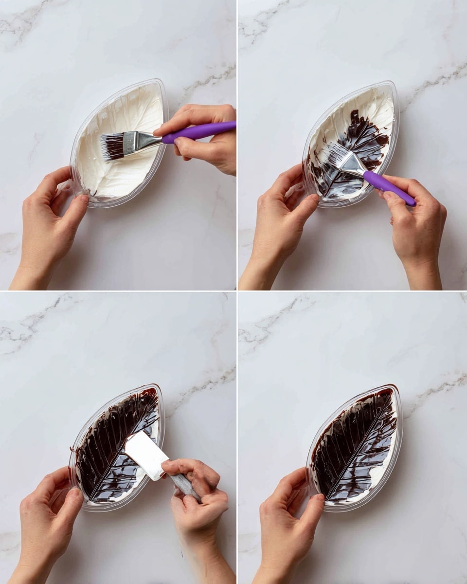 The image shows a four-step process of preparing clear plastic molds for chocolate. The first step has a close-up of a brush spreading a thick white creamy layer inside a mold shaped like a leaf, against a white marbled background. In the second step, a woman's hand uses a scraper with a purple handle to smooth out the white layer inside the same clear mold. The third step shows a woman's hand holding the clear leaf mold, which now has a glossy dark brown chocolate spread unevenly inside. The fourth step captures two woman's hands holding a silver scraper and the mold, pressing the scraper to spread the dark chocolate layer evenly. The whole scene is on a white marbled surface. photo taken with an iphone --ar 4:5 --v 7
