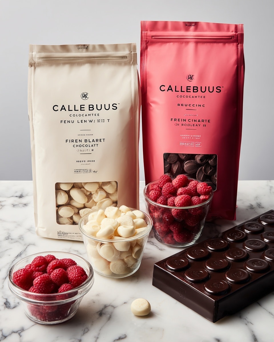 Two big bags of Callebaut chocolate stand on a white marbled surface; the left bag is light cream color labeled