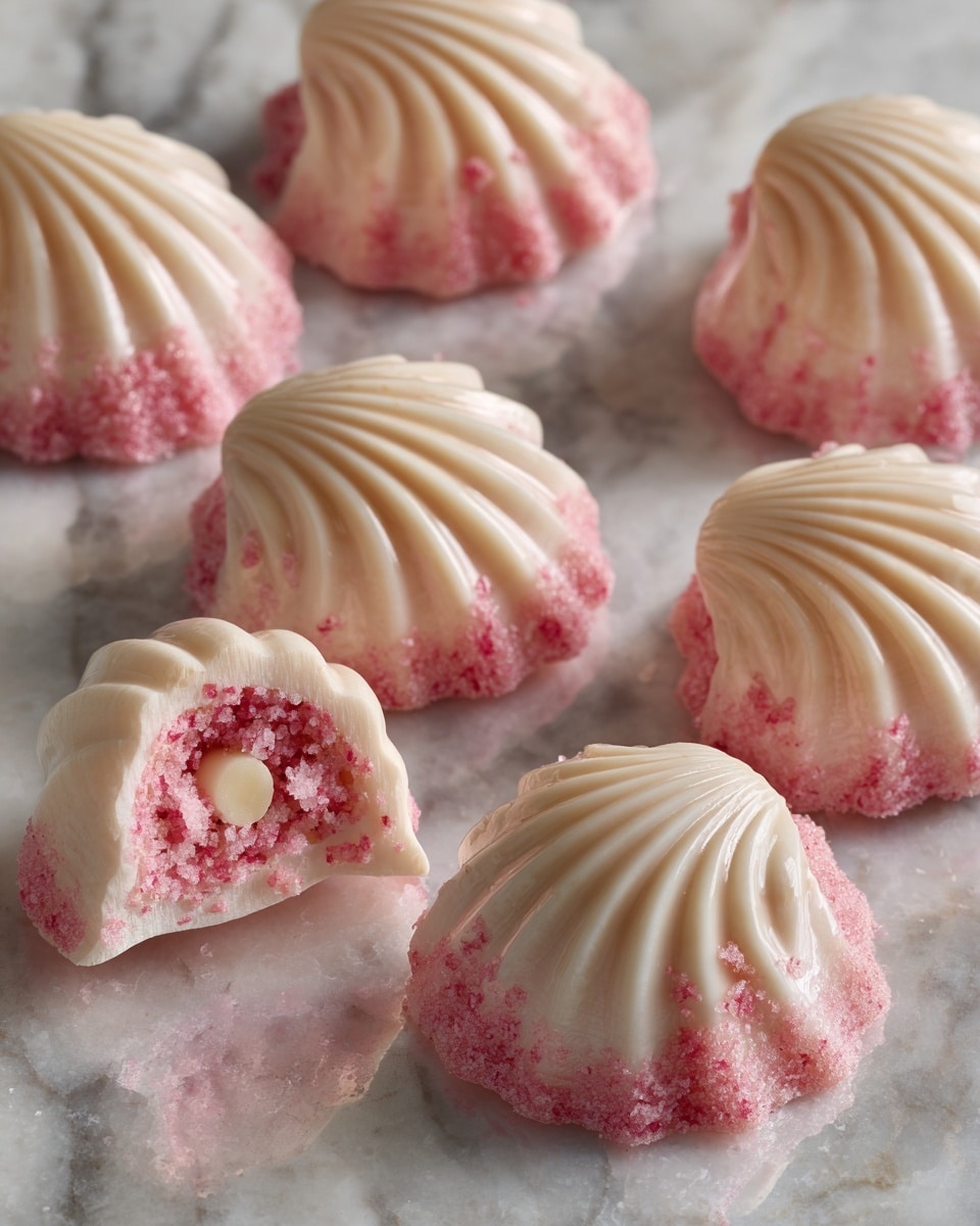 The image shows six small, shell-shaped sweets arranged on a shiny reflective surface that appears silver but rests on a white marbled texture background. Each sweet has two layers: the top layer is smooth and creamy white with ridges forming the shell shape, while the bottom layer has a pinkish-red tone with a matte texture. One sweet in the front is sliced open, revealing three inside layers: a white creamy core in the center, surrounded by a thick ring of crumbled red pieces, and a soft pinkish-red layer just outside the crumbs. The shell shape tapers to a pointed tip, and the surface has a subtle sheen. Photo taken with an iphone --ar 4:5 --v 7