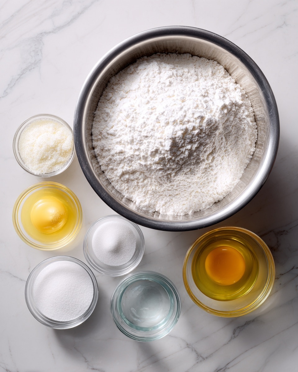 A large shiny metal bowl in the center holds a mix of two white powders, one side slightly more textured, labeled almond flour mixed with icing sugar. In front of it are five smaller clear and metal bowls arranged in a loose curve, each containing clear water, white granulated sugar, two portions of light yellow egg whites in small metal bowls, and superfine white sugar, all set on a white marbled surface. The labels are written in simple white text above each ingredient. Photo taken with an iphone --ar 4:5 --v 7