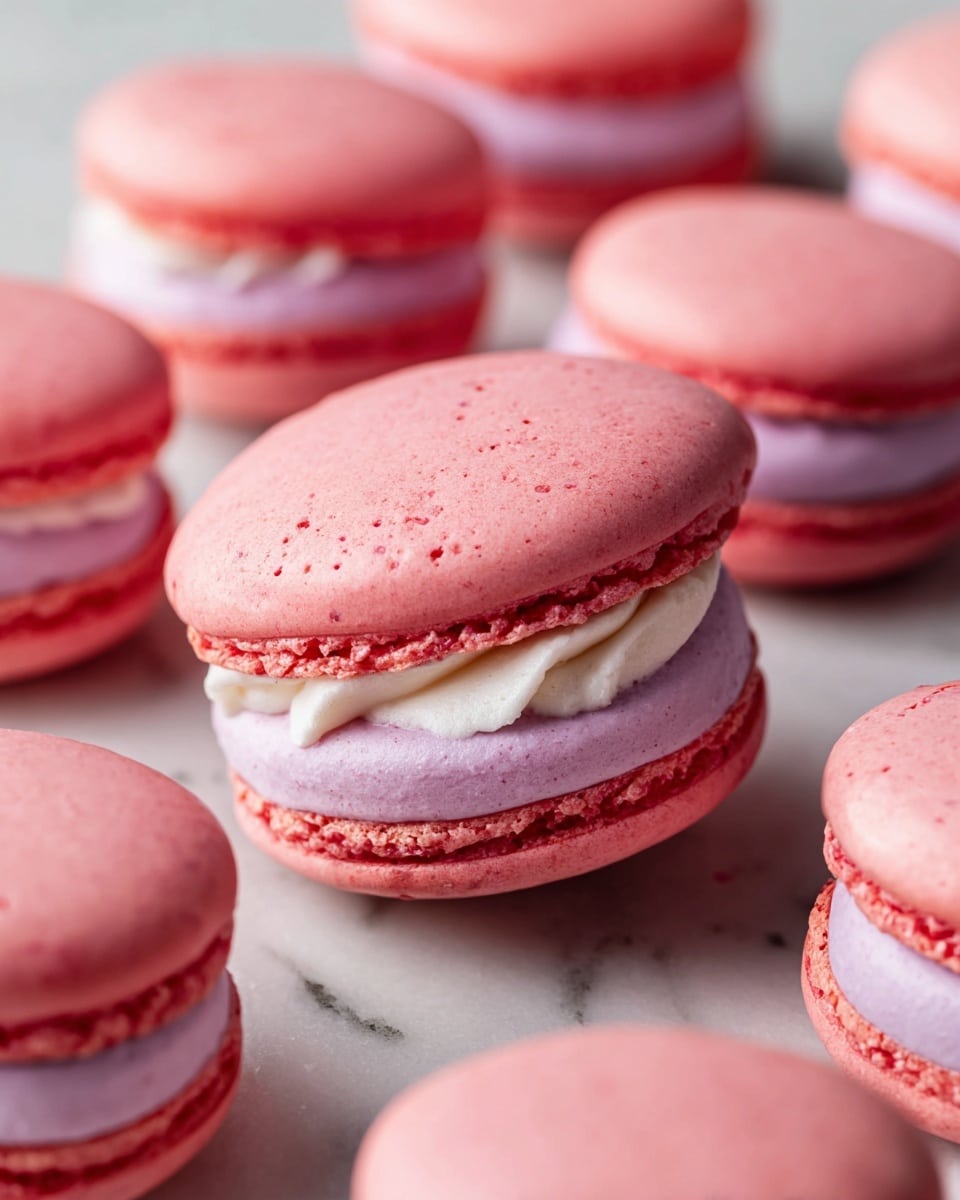 The image shows several bright pink macarons spread on a surface with a white marbled texture. Each macaron has two smooth, rounded top and bottom shells with a slightly rough edge, and a middle layer of light purple cream filling which is thick and smooth. Some macarons are shown whole from the top view, while others are lying on their side, revealing the three distinct layers clearly. The lighting is soft and even, highlighting the delicate texture and vibrant colors of the macarons. photo taken with an iphone --ar 4:5 --v 7