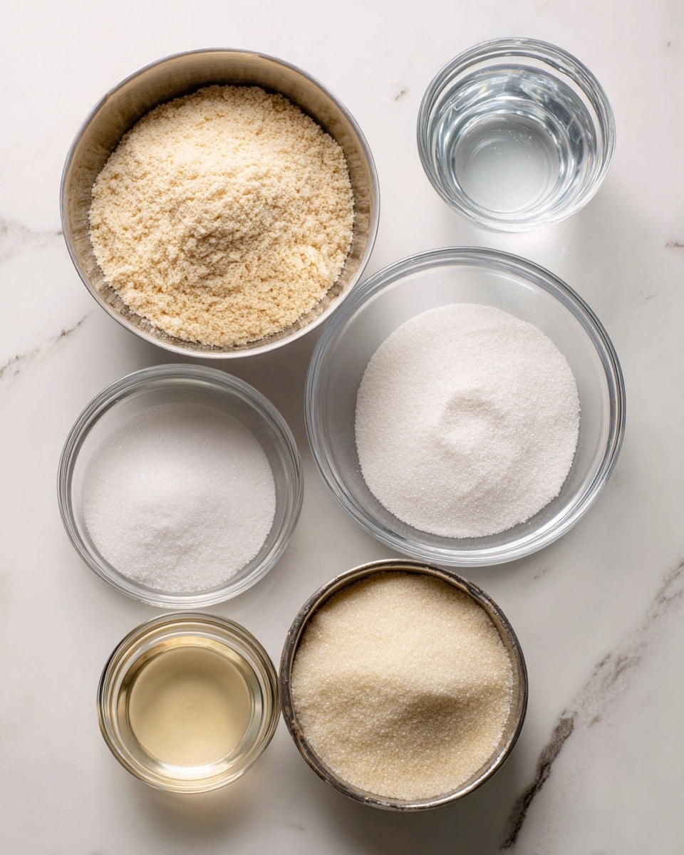 A metal bowl at the top center holds a pile of light beige almond flour mixed with white icing sugar, showing a soft, powdery texture. Below it, two clear white bowls sit next to each other; the left one contains clear water, and the right one holds granulated white sugar with a slightly grainy surface. Below these, two small metal bowls hold a clear, pale yellow liquid labeled egg white in each, placed side by side. In front of these, a clear white bowl holds superfine sugar with a very fine, powdery texture. All the bowls and the metal bowl are arranged neatly on a white marbled surface, with clear labels pointing to each ingredient. Photo taken with an iphone --ar 4:5 --v 7