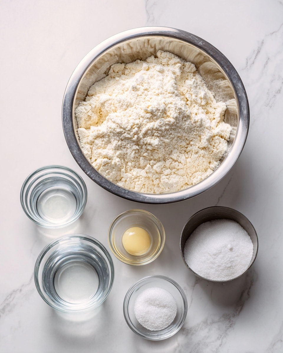 A stainless steel bowl holds two piles of light beige almond flour mixed with white icing sugar, placed on a white marbled surface. In front of the bowl, there are five small clear glass and stainless steel bowls arranged in two rows. The first row has one clear glass bowl with transparent water and another clear glass bowl filled with white granulated sugar. The second row has two small stainless steel bowls with pale yellow egg whites and one clear glass bowl with fine white superfine sugar. The layout is simple and clean, with all ingredients clearly visible and labeled on a white marbled surface. photo taken with an iphone --ar 4:5 --v 7