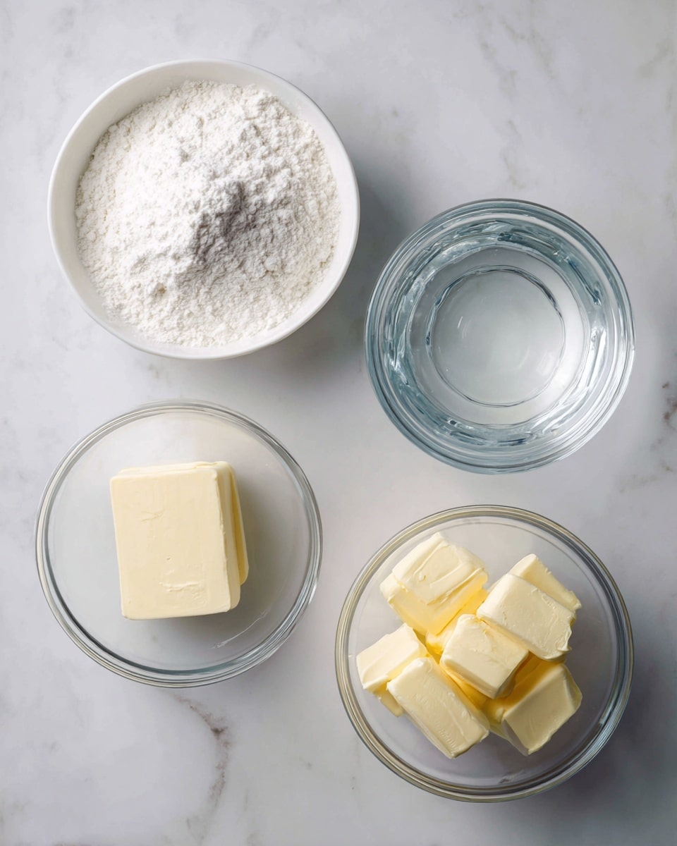 The image shows four small bowls on a white marbled surface. The top left bowl is white and filled with white flour and salt, looking powdery and soft with a small mound in the middle. To the right is a clear glass bowl with transparent water mixed with white vinegar, showing a smooth, shiny, and wet texture. Below the flour, a clear glass bowl holds two small blocks of pale yellow butter, firm and smooth. At the bottom right, another clear glass bowl contains several larger pieces of pale yellow butter, stacked loosely with a soft and solid look. The setup looks clean and organized with each bowl spaced apart. Photo taken with an iphone --ar 4:5 --v 7