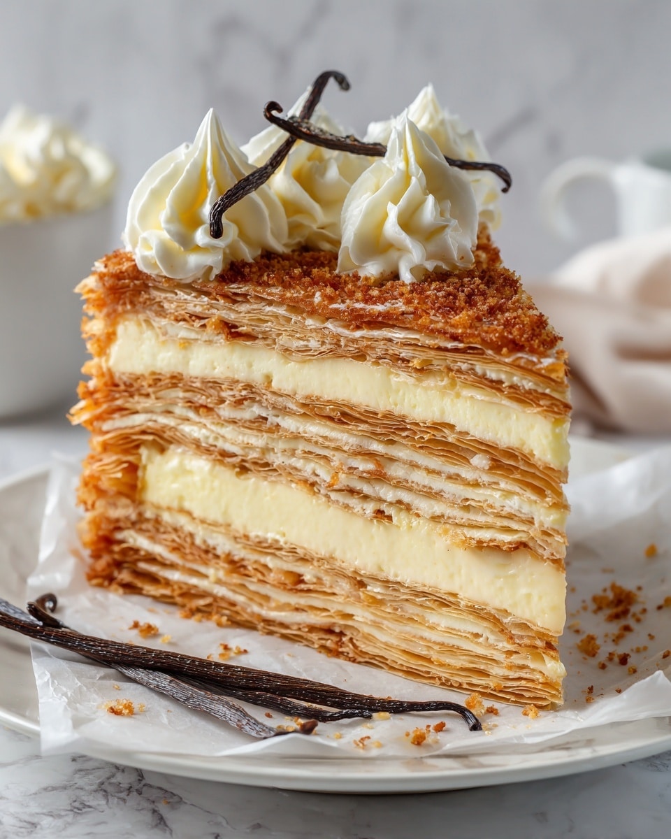 A tall slice of layered cake sits on a white plate with a white marbled surface underneath, showing seven visible layers of light tan flaky pastry alternating with six creamy off-white custard layers. The top layer is coated with crushed crumbs of the same light brown color, decorated with swirls of light cream frosting and a few thin dark brown vanilla pods placed on top. Some crumbs fall around the base of the cake on the plate. Photo taken with an iphone --ar 4:5 --v 7