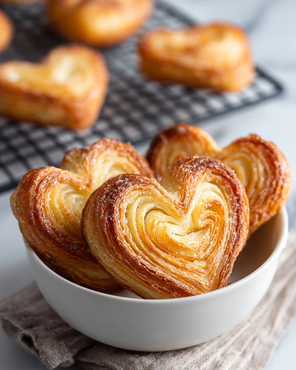 A close-up view of two heart-shaped palmiers with a golden-brown color and a crunchy sugar-coated texture on their layered surface, placed in a shallow white ceramic bowl; the bowl holds a few more palmiers in the background, all resting on a white marbled countertop, with additional palmiers cooling on a black wire rack blurred in the background, soft natural lighting highlighting the puff pastry layers and sugar crystals photo taken with an iphone --ar 4:5 --v 7