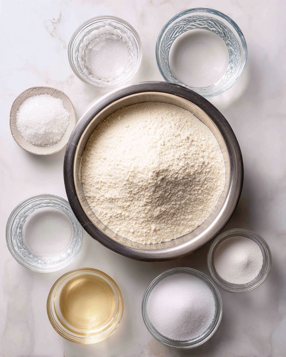 A large silver metal bowl in the center holds a mix of almond flour and icing sugar that looks powdery and off-white, with a small mound shape. Surrounding it are five smaller transparent and silver bowls arranged in a scattered pattern on a white marbled surface. Two clear glass bowls contain a clear liquid (water) and white granulated sugar, both with fine grains. Below, two small silver bowls each hold a yellowish, clear liquid (egg white), and another clear glass bowl at the bottom of the frame carries superfine white sugar with a smooth powder look. Text labels in white font identify each ingredient above their bowls. Photo taken with an iphone --ar 4:5 --v 7