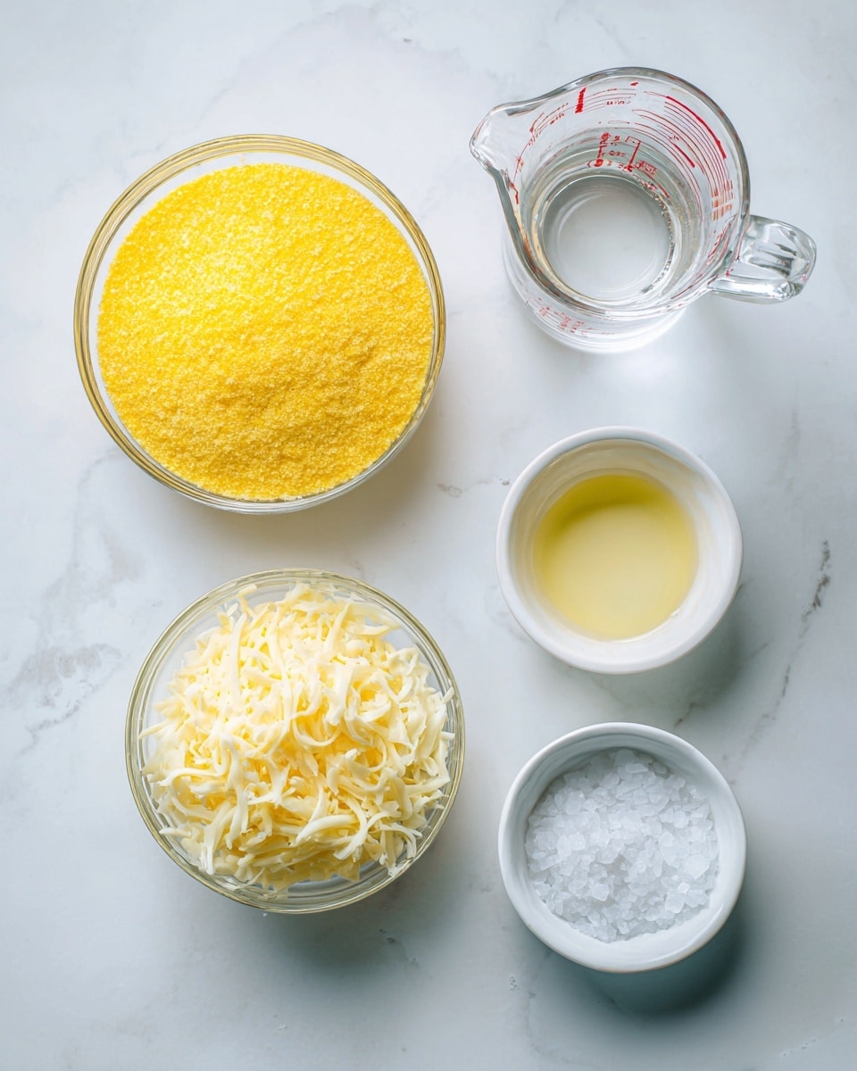 A top view of five ingredients on a white marbled surface, each in a clear or white container. At the top left is a clear glass bowl filled with bright yellow corn meal, next to it on the right is a clear measuring jug containing clear warm water with red measurement marks. Below the corn meal is a small white bowl filled with shredded pale yellow mozzarella cheese. To the right of the cheese is another small white bowl with a light yellow oil meant for frying. Finally, at the bottom right is a small white bowl filled with white salt crystals, all ingredients spaced evenly. Photo taken with an iphone --ar 4:5 --v 7