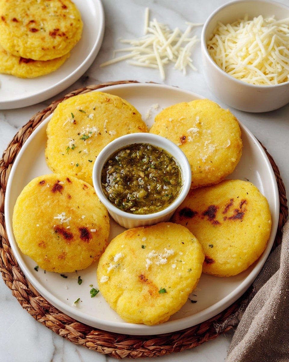 A white plate holds six golden yellow arepas with a slightly crispy outside and a soft texture, arranged in a circle around a small white ramekin filled with green salsa that has visible seeds and small chunks. In the background, a second white plate with two more arepas sits on a woven brown mat. To the right, a white bowl contains shredded white cheese, with some cheese scattered on a white marbled surface. The scene is bright and clean, showing a simple and inviting meal. photo taken with an iphone --ar 4:5 --v 7