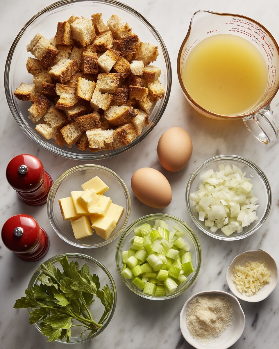 The image shows a top-down view of various cooking ingredients laid out on a white marbled surface. At the top left, there is a large clear glass bowl filled with roughly chopped, toasted bread cubes, light brown on the edges. To its right, there is a clear glass measuring cup filled with yellow broth stock. Next to it is a small clear bowl with two whole brown eggs. Below the eggs is a small clear bowl filled with yellow butter cubes. To the left of the butter, there are three fresh herb sprigs with green leaves spread out. Below the bread, there is a medium clear bowl with sliced light green celery pieces. Next to it, a medium clear bowl is filled with diced white onion pieces. Below the onion, a tiny clear bowl holds minced beige garlic. At the bottom left, there are two salt and pepper grinders, one red and one white, standing next to each other. The overall layout is neat and organized on the clean white marbled surface photo taken with an iphone --ar 4:5 --v 7