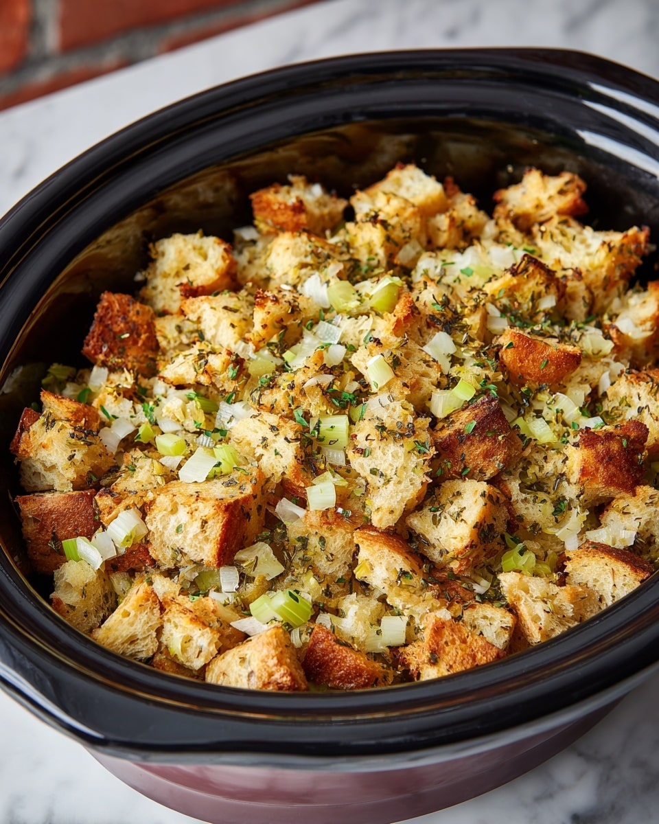 The dish shows a slow cooker filled with a mix of torn bread pieces in off-white and light golden brown shades, layered with small chopped celery pieces in a light green color, and bits of white onion. The bread has a soft, fluffy texture with some crunchy edges, and the celery and onion add a fresh, crisp look throughout the top layer. There are small green herb bits sprinkled evenly, giving it a seasoned appearance. The slow cooker is black inside with a pink outer shell, placed on a white marbled surface that gives a clean, bright contrast to the warm food colors. photo taken with an iphone --ar 4:5 --v 7