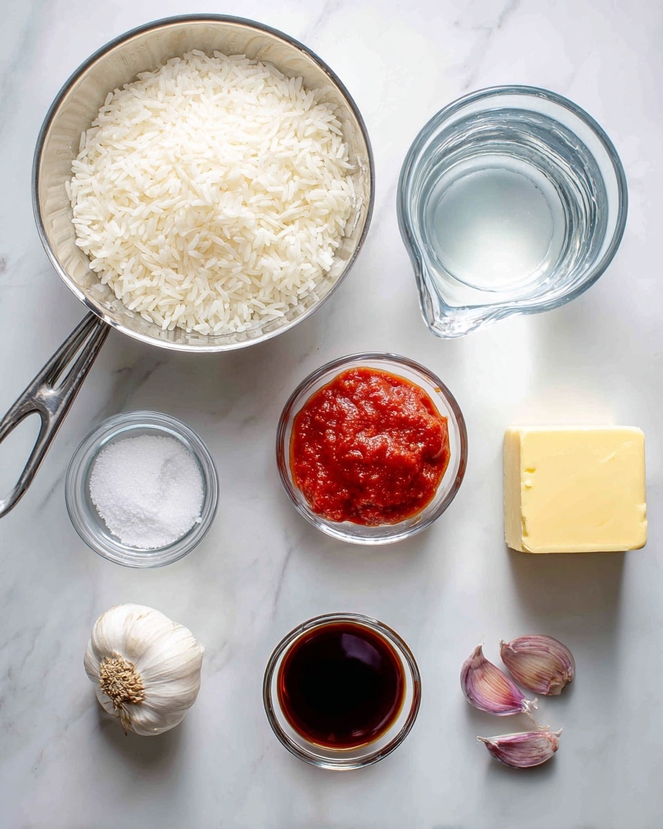 The image shows several ingredients arranged on a white marbled surface, each labeled with black text on white backgrounds. There is a metal measuring cup filled with white jasmine rice positioned on the left side. Above the rice is a small clear glass bowl with white salt. Near the center is a small clear glass bowl with a thick, red tomato paste. To the right of the tomato paste is an unwrapped yellow bouillon cube sitting directly on the surface. A clear measuring cup filled with clear water is near the top right corner. At the bottom left corner is a small glass measuring cup filled with dark brown soy sauce. Two purple garlic cloves sit near the center bottom, and to the right of them is a small clear glass bowl containing a light yellow square of butter. photo taken with an iphone --ar 4:5 --v 7
