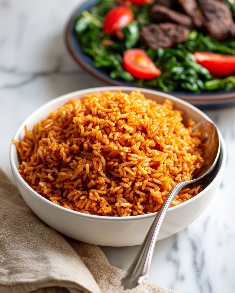 The image shows a white bowl full of orange-colored cooked rice with a slightly fluffy and separated texture. The rice grains are evenly coated with a reddish-orange hue, suggesting a tomato or spice-based flavor. A spoon, partly visible on the right side of the bowl, is resting inside the rice. In the background, there is a hint of a salad plate with green leaves and red tomato slices, all placed on a white marbled surface. photo taken with an iphone --ar 4:5 --v 7