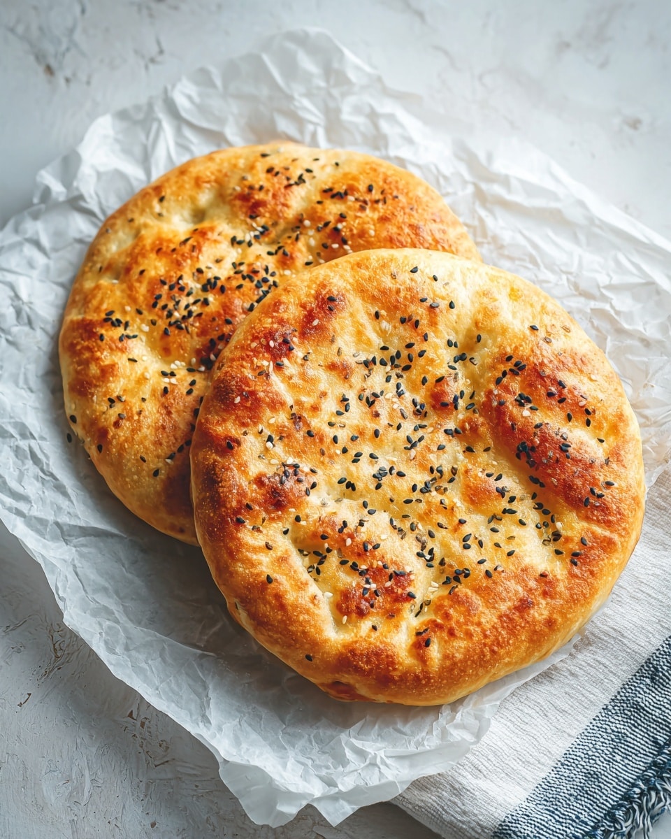 Two round flatbreads are placed on white parchment paper on a white marbled surface. The flatbreads are golden-brown with small dimples and sprinkled with black and white sesame seeds all over the top. They have a shiny, slightly crispy texture with a few uneven spots in the bread showing some darker browning. In the background, there is a glimpse of a white cloth with blue and green stripes. Photo taken with an iphone --ar 4:5 --v 7