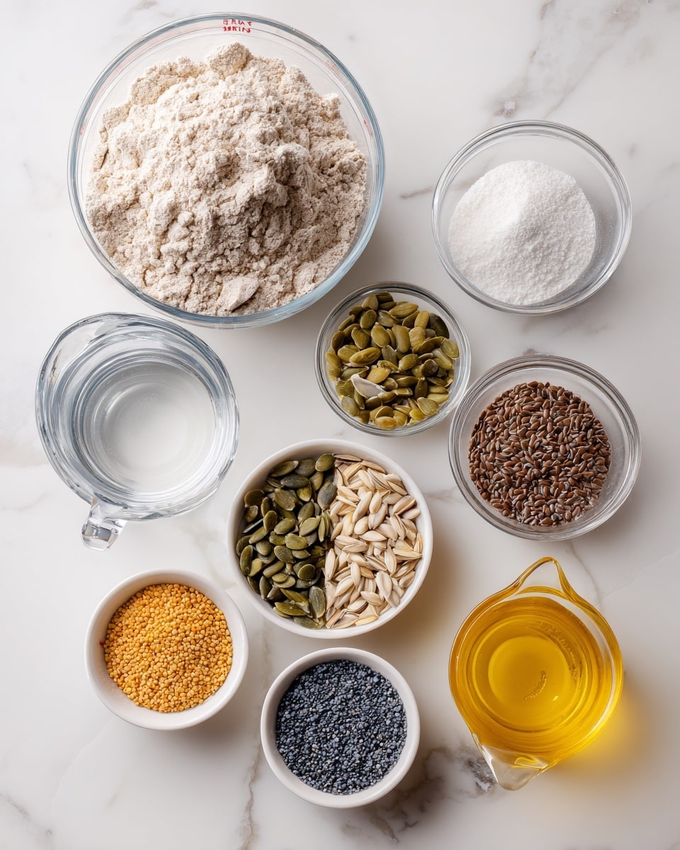 The image shows several clear small bowls and a measuring cup on a white marbled surface. A large clear bowl filled with light brown whole wheat bread flour is on the left. Below it, a clear water measuring cup filled with water is placed. Near the top center, there are three small clear bowls with dry ingredients: yeast (light tan granules), salt (white granules), and sugar (white granules). In the center, a single white bowl contains five sections of seeds arranged like pie slices: pumpkin seeds (green), sesame seeds (light tan), sunflower seeds (light brown), poppy seeds (dark blue-black), and chia seeds (small, round, black and white). At the bottom right, a small clear measuring cup holds golden-yellow olive oil. The background is a clean white marble texture photo taken with an iphone --ar 4:5 --v 7