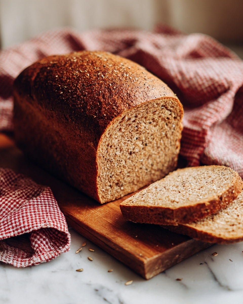 A loaf of whole grain bread is shown on a wooden cutting board, with several slices cut and laid flat, revealing the inside texture filled with seeds and grains. The crust is golden brown with a slightly rough texture, while the inside is light brown with small seeds throughout. In the background, there is a white and red checkered cloth resting on a white marbled surface. photo taken with an iphone --ar 4:5 --v 7
