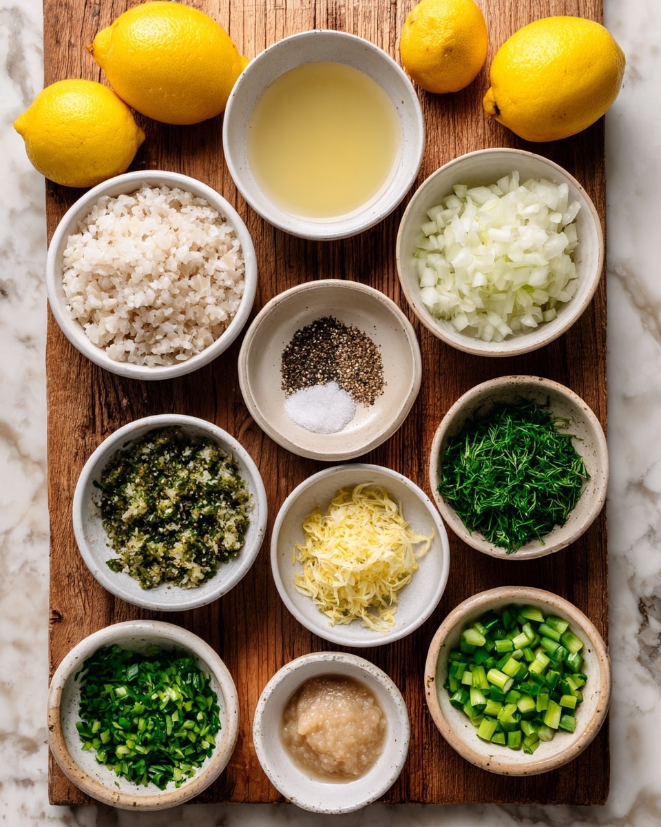 The image shows eleven small white bowls, each holding different cooking ingredients, arranged neatly on a wooden surface with two whole lemons and two lemon halves in the background. The top-left bowl contains uncooked white rice, next to it is a bowl with a light yellow liquid. Below the rice is a bowl filled with chopped white onions. A bowl with an oily substance is placed next to freshly ground black pepper in another bowl. To the right, one bowl contains fresh green parsley, and another bowl is filled with chopped green herbs, possibly dill. Below them, a bowl has lemon zest, next to it is a smaller bowl with a soft beige paste, likely minced garlic or ginger. The bottom row shows two bowls of chopped green onions or scallions, one with smaller pieces and the other with larger pieces. The entire setup is on a white marbled surface. Photo taken with an iphone --ar 4:5 --v 7